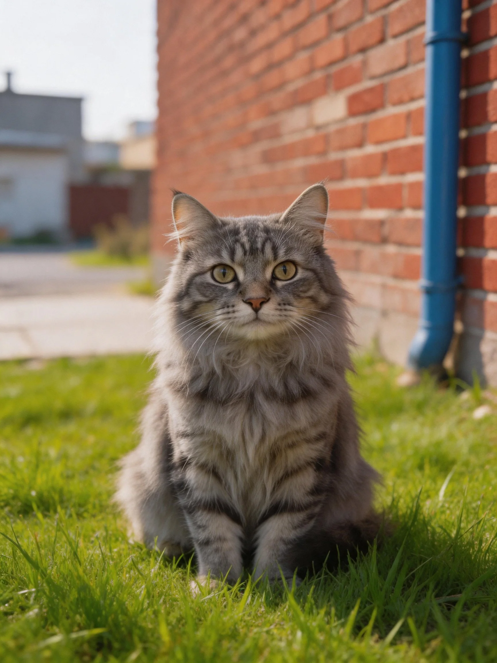 A gray tabby cat sits on green grass near a red brick wall