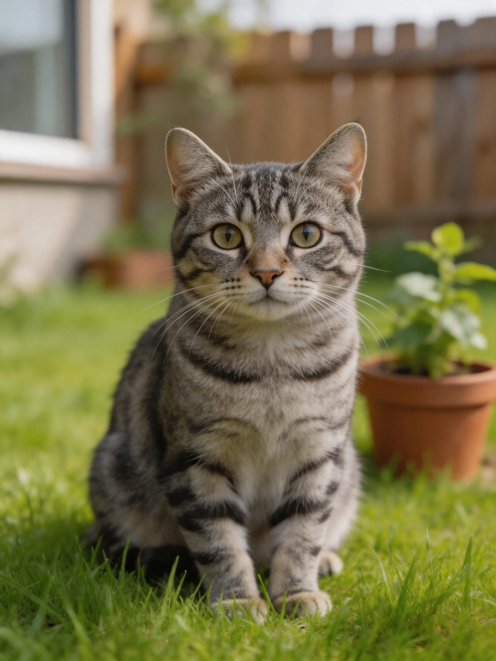 A gray tabby cat sits on green grass near a terracotta potted plant