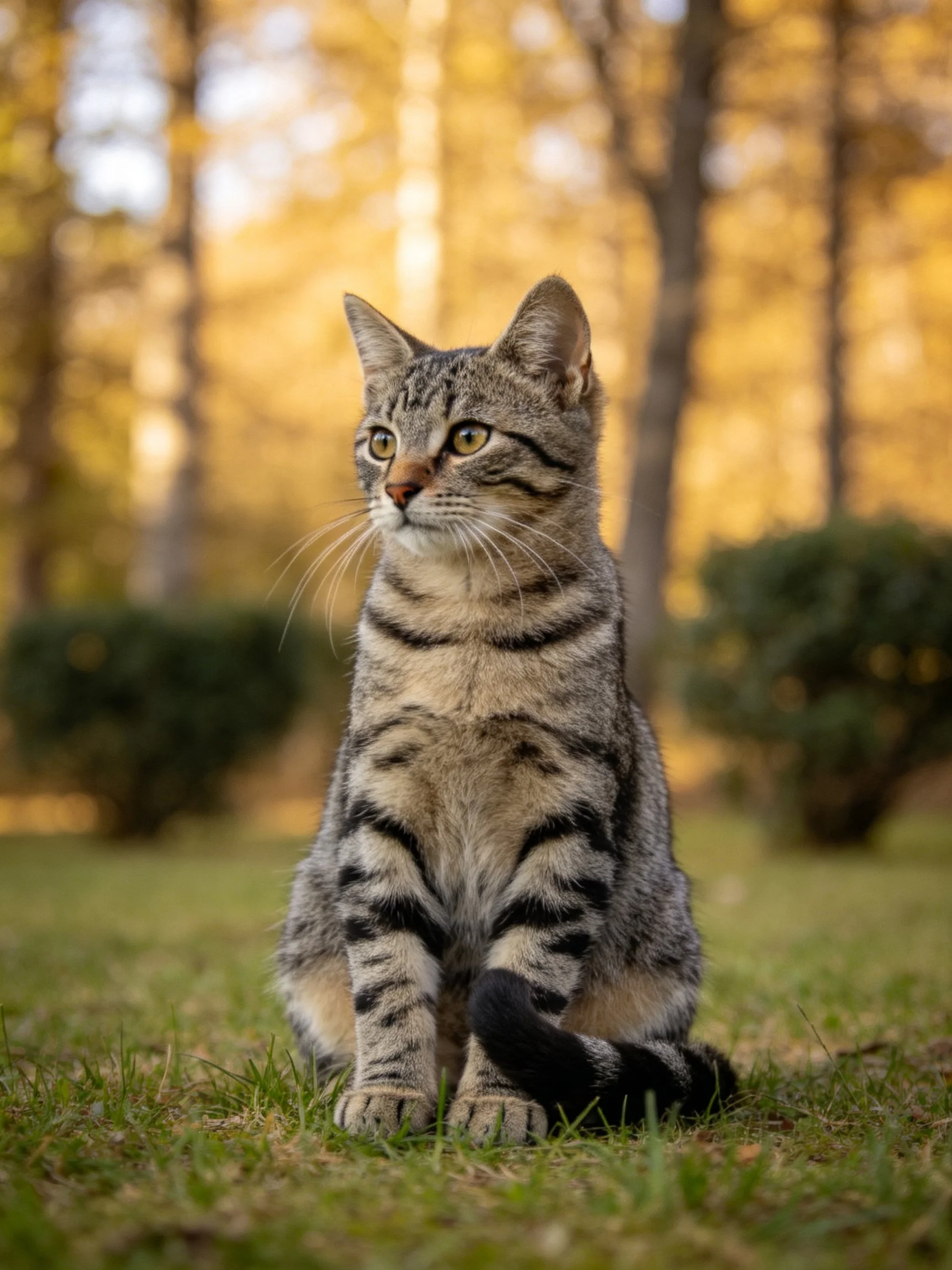 A gray tabby cat sits on green grass near golden trees