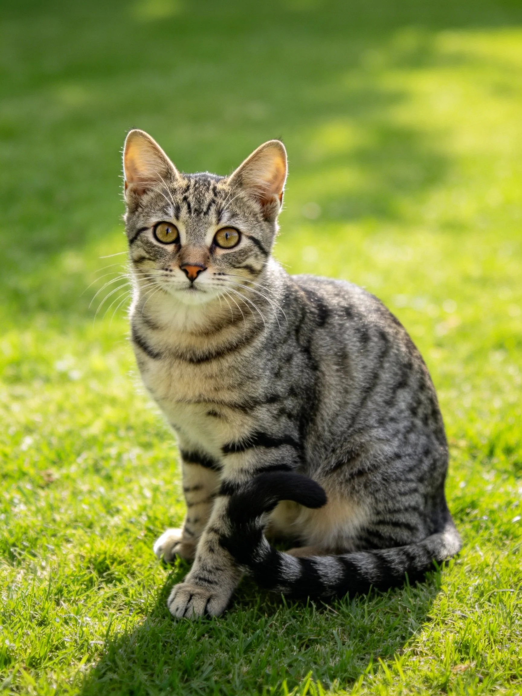 A gray tabby cat sits calmly on green grass.