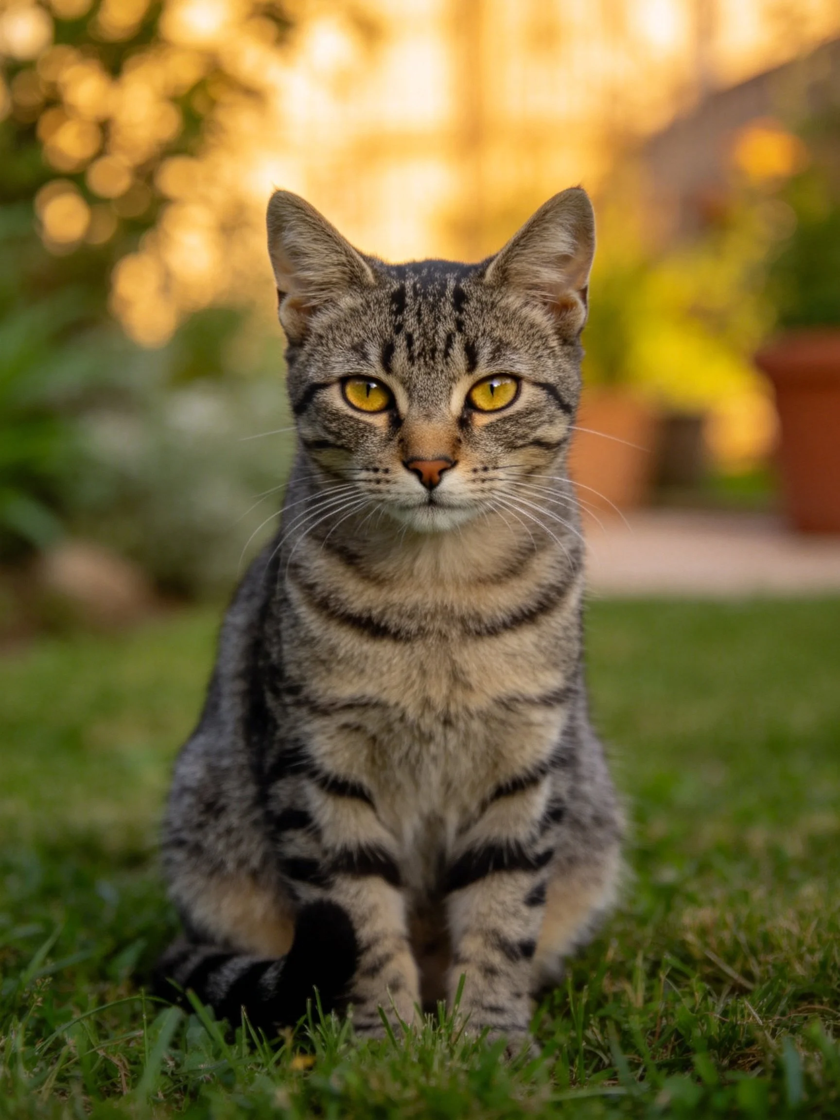 A gray tabby cat sits on green grass during golden hour