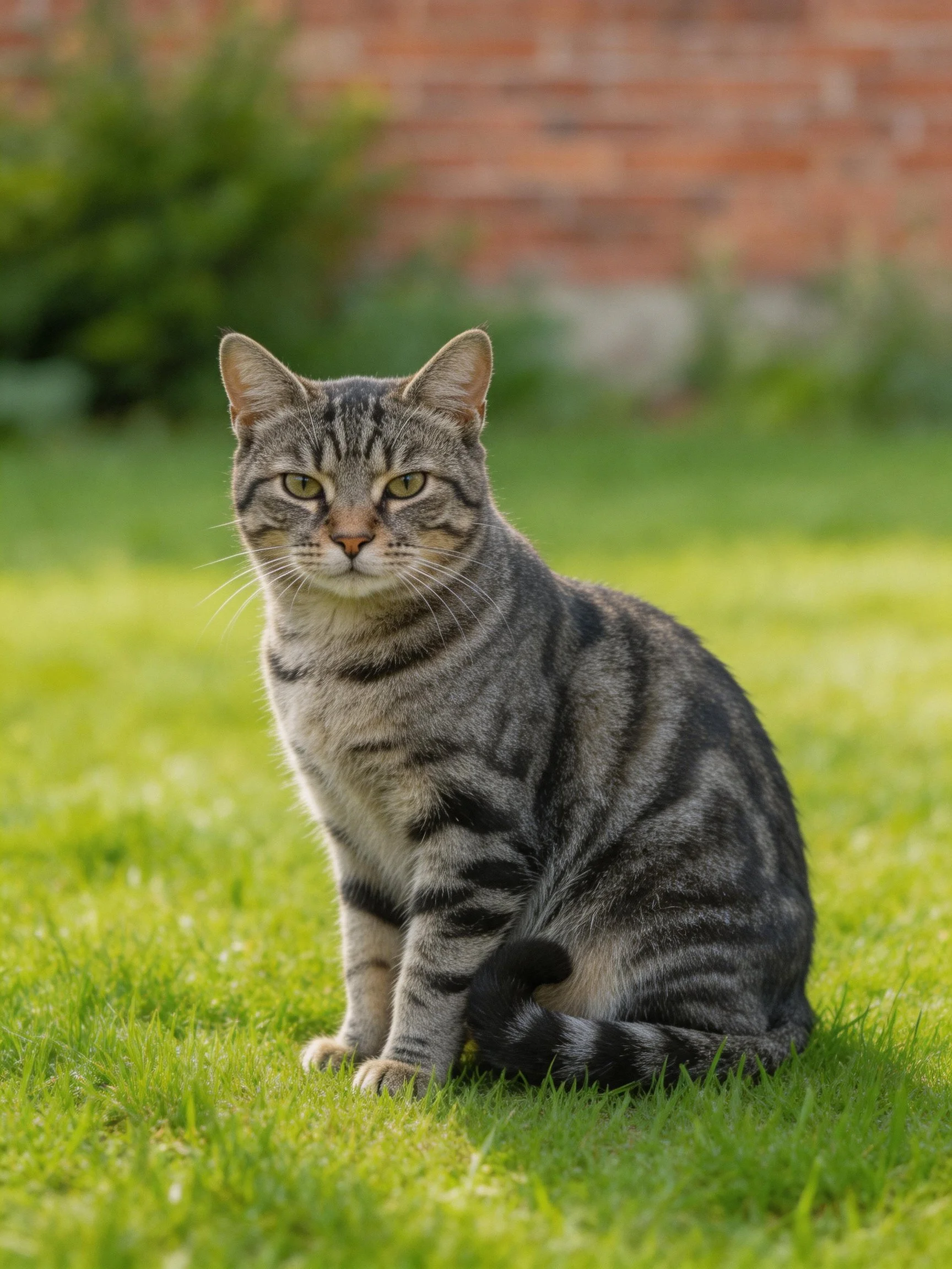 A gray tabby cat sits calmly on lush green grass in an outdoor setting