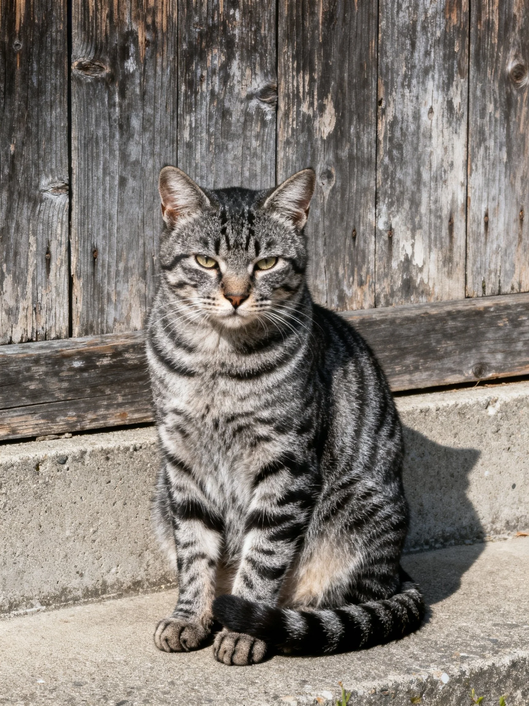 A gray tabby cat sits calmly on concrete beside an old wooden fence.