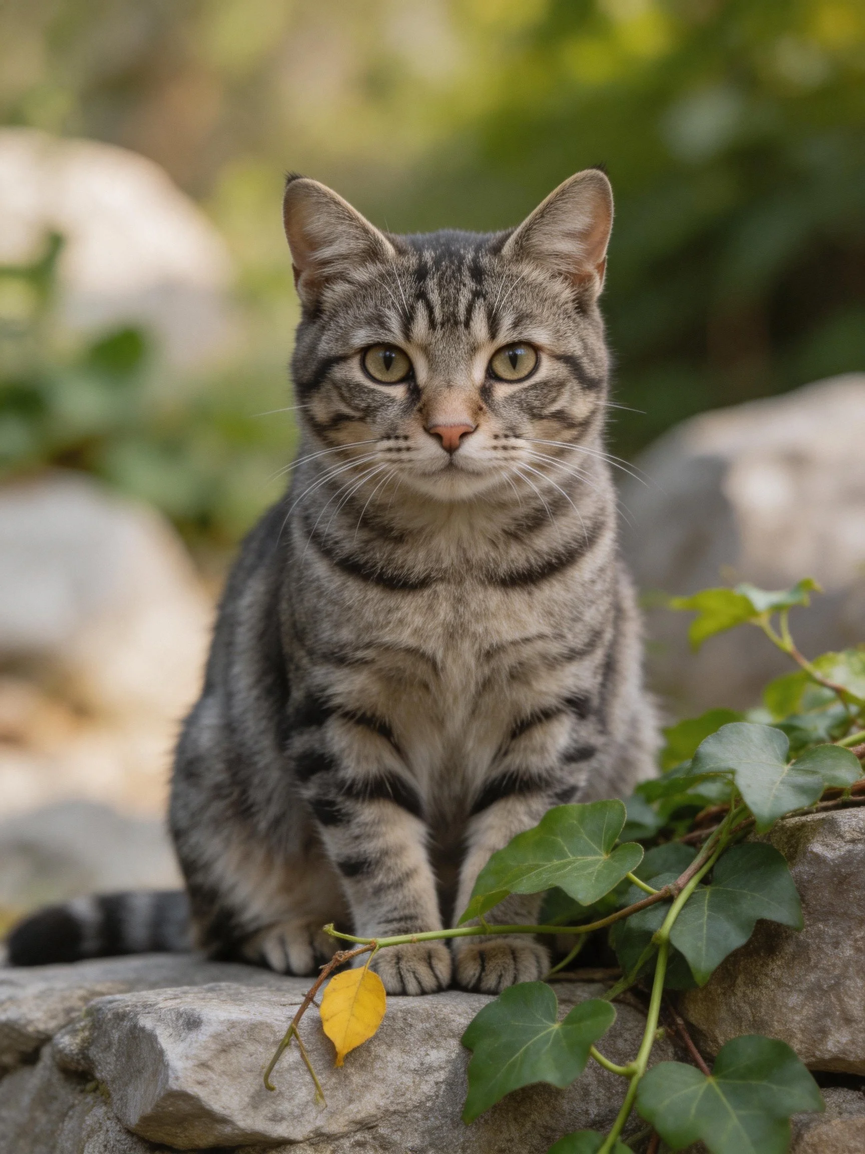 A gray tabby cat sits calmly among rocks and greenery.