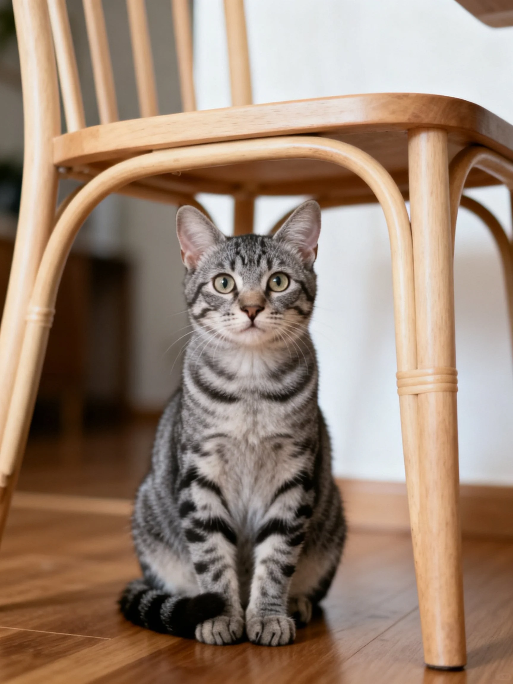 A gray tabby cat sits under a light wood chair on a wooden floor