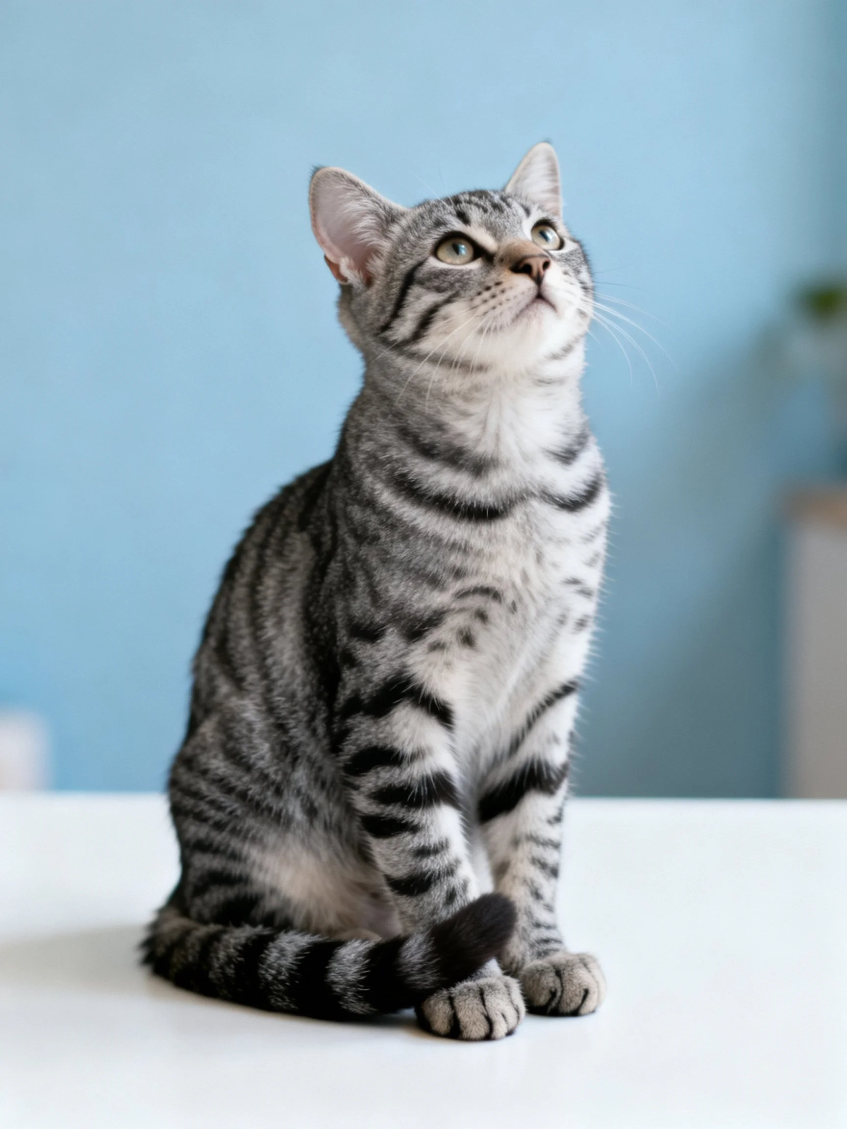 A gray tabby cat sits upright on a white surface near a blue wall