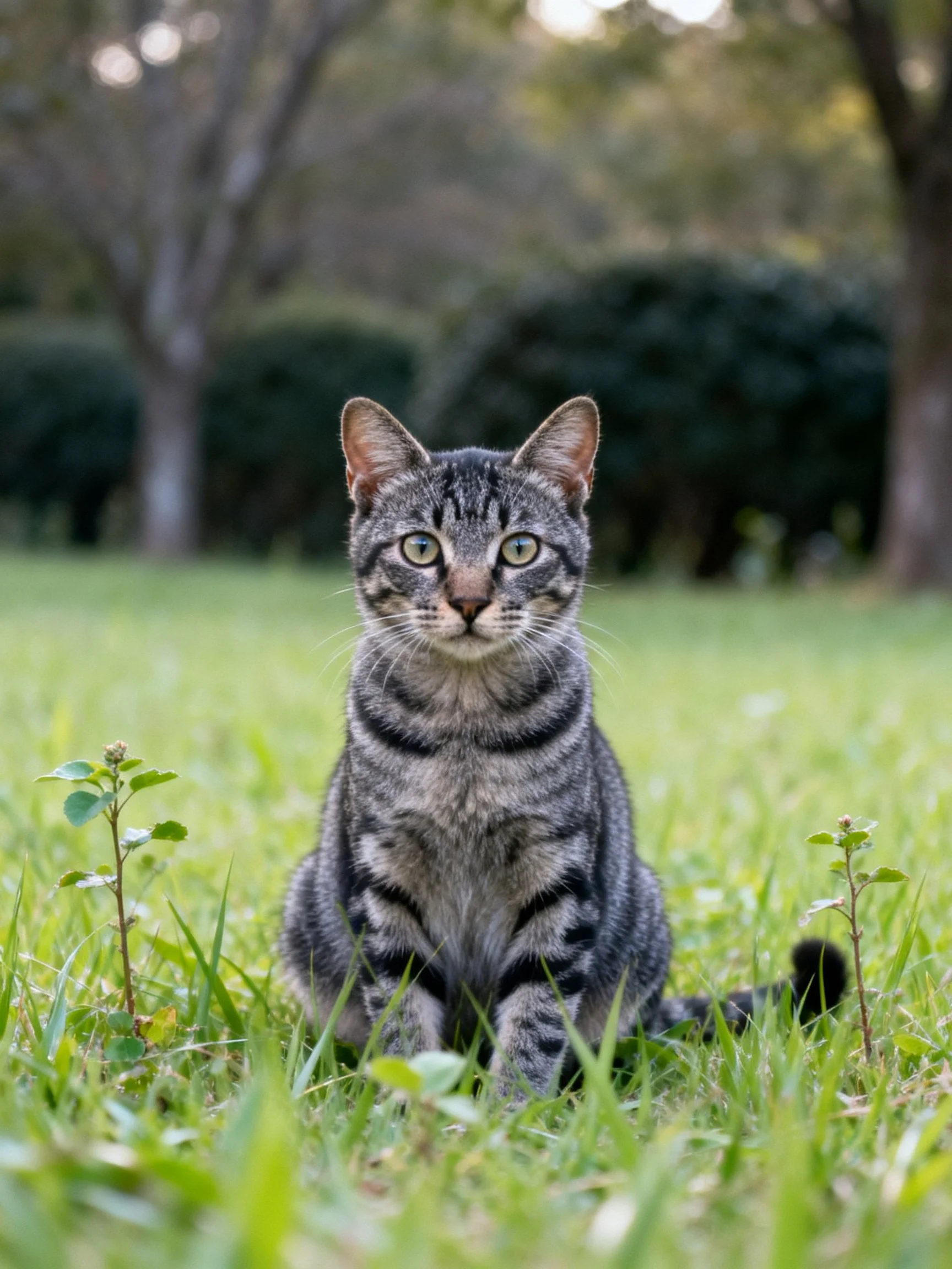 A gray tabby cat sitting in lush green grass near trees
