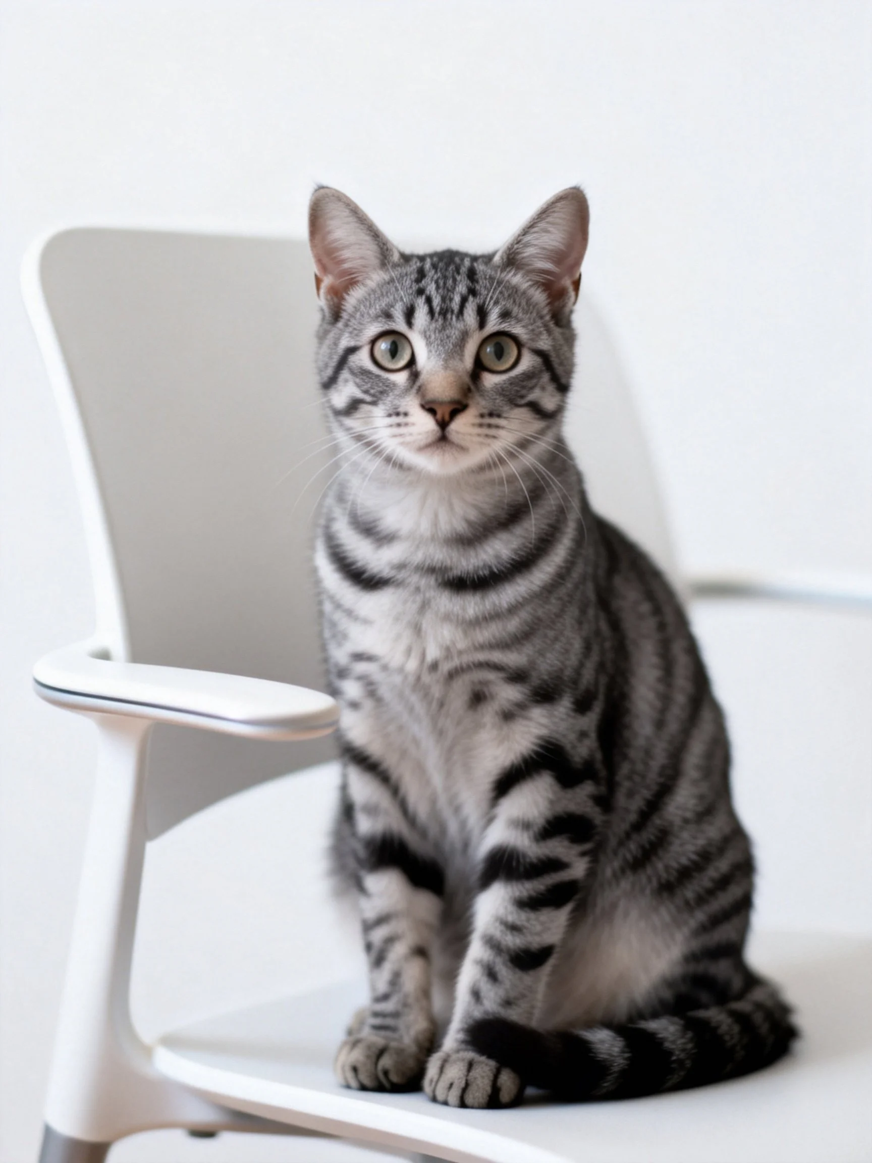 A gray tabby cat sitting on a modern white chair