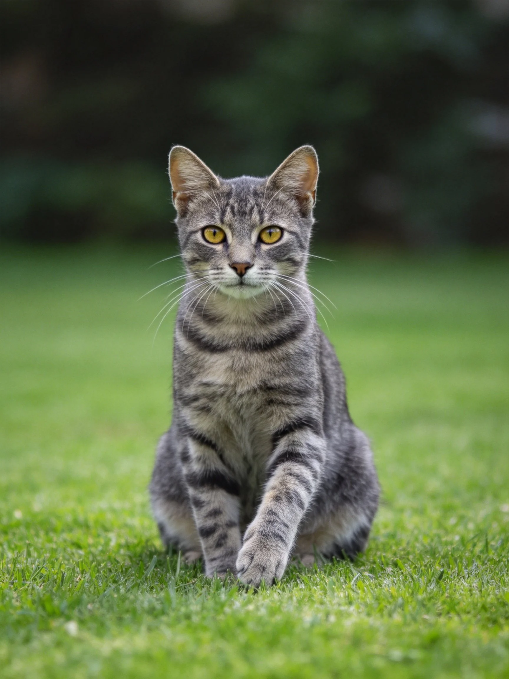 A gray tabby cat sits calmly amidst lush green grass in an outdoor environment.