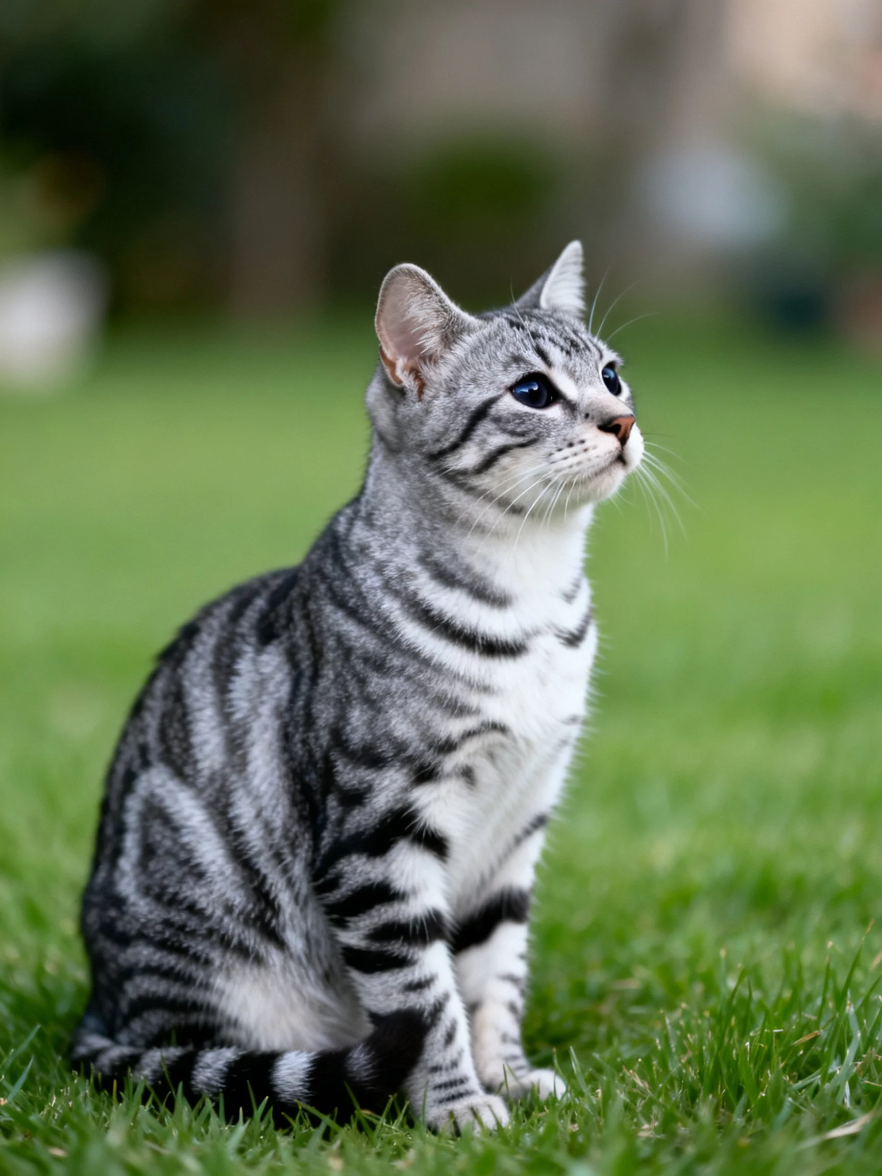 A gray tabby cat sits attentively on lush green grass in an outdoor setting.
