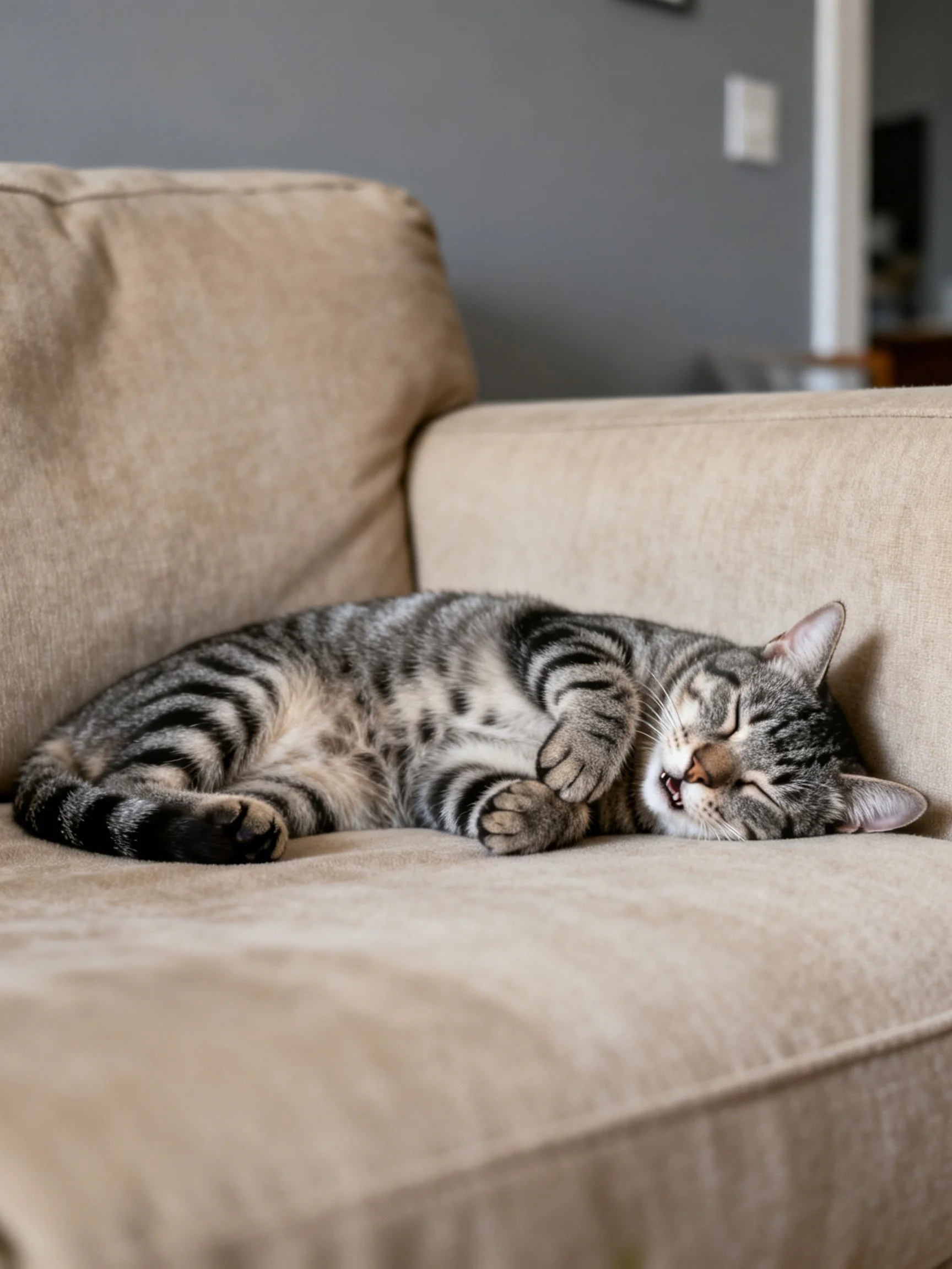 A gray tabby cat sleeping on a beige couch