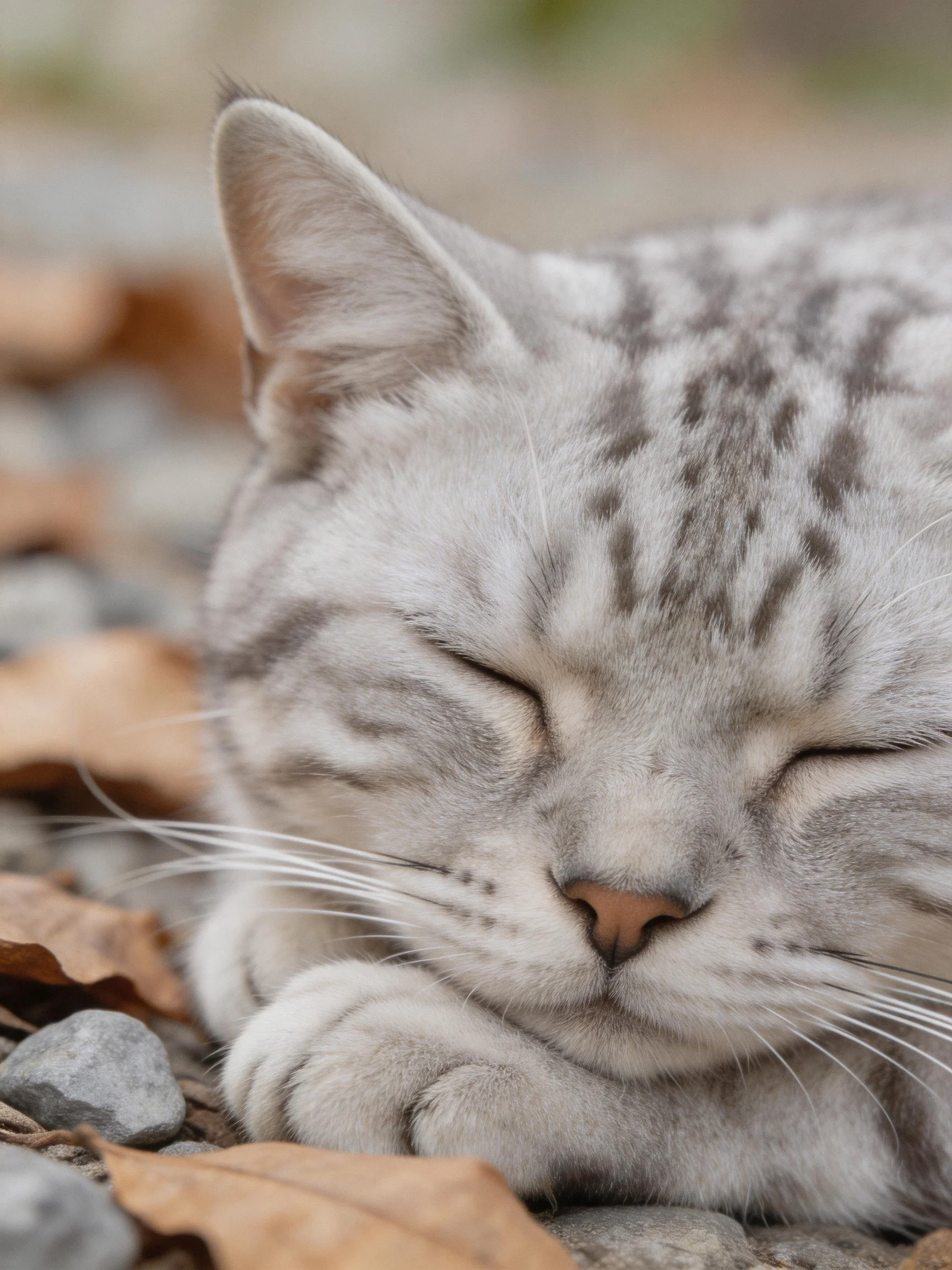 A gray tabby cat sleeps peacefully amid rocks and dry leaves.
