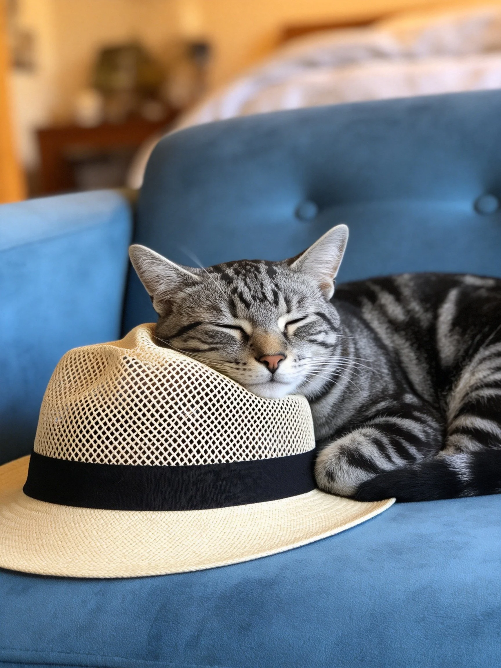 A gray tabby cat rests next to a beige hat on a blue chair