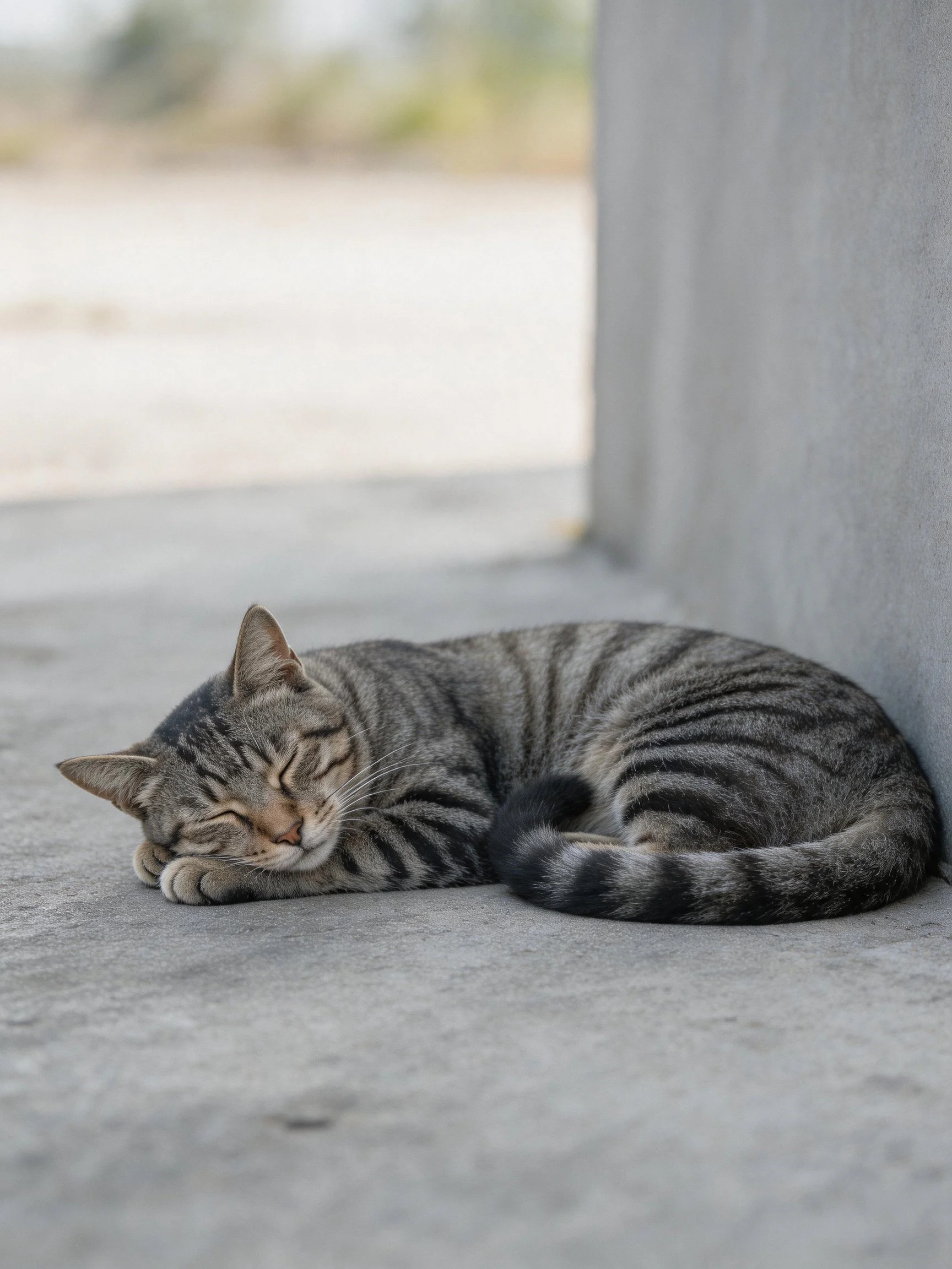 A gray tabby cat sleeps curled near a concrete wall