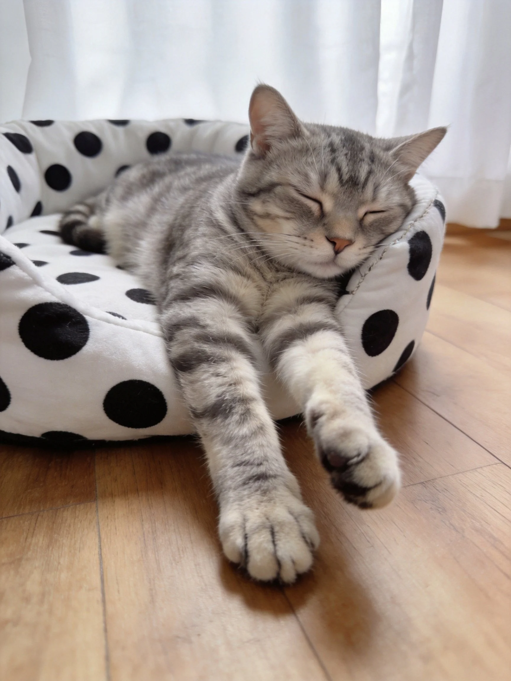 A gray tabby cat sleeps in a black-and-white polka dot bed on wood flooring
