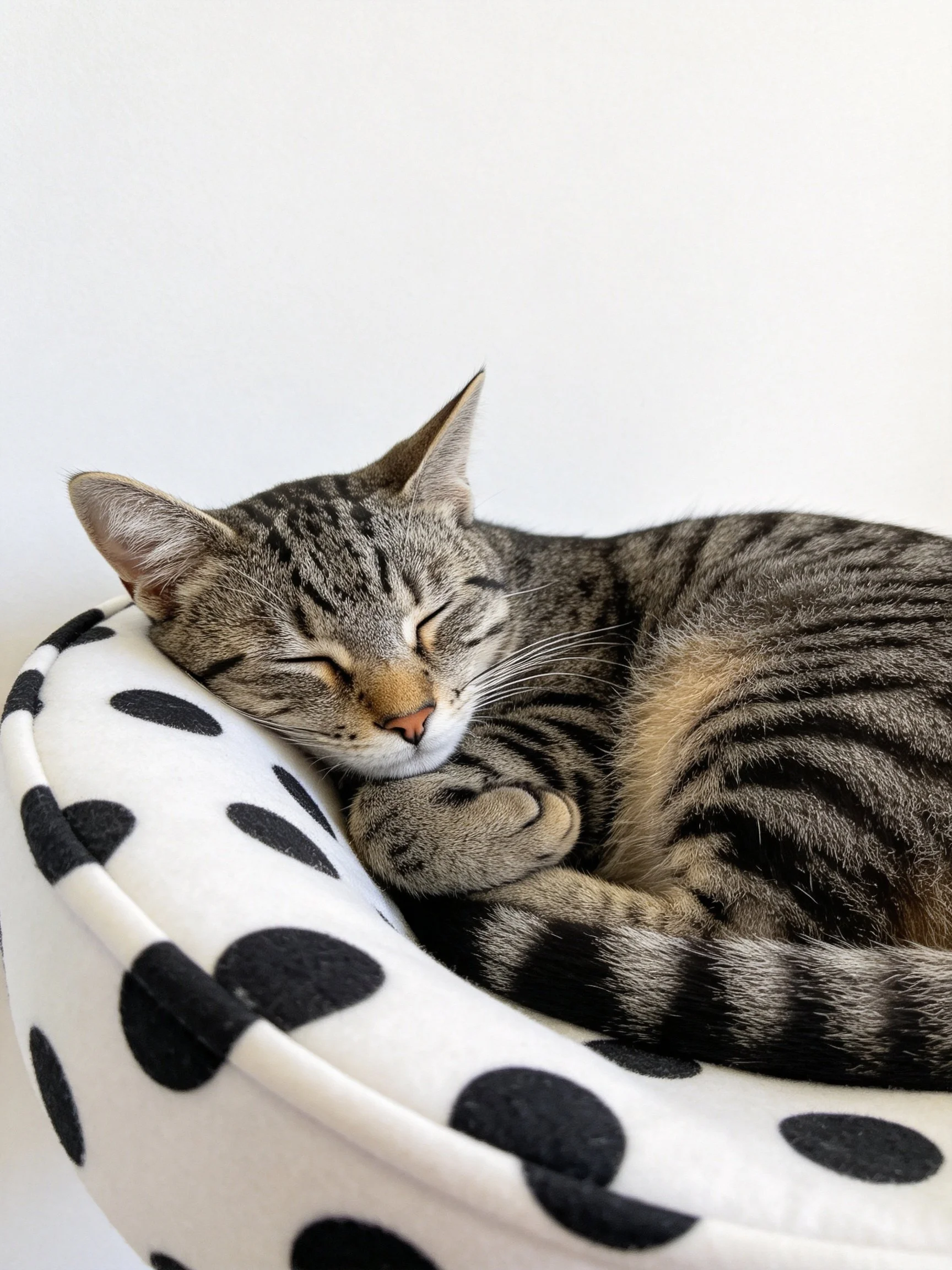 A gray tabby cat sleeps in a black-and-white polka dot bed