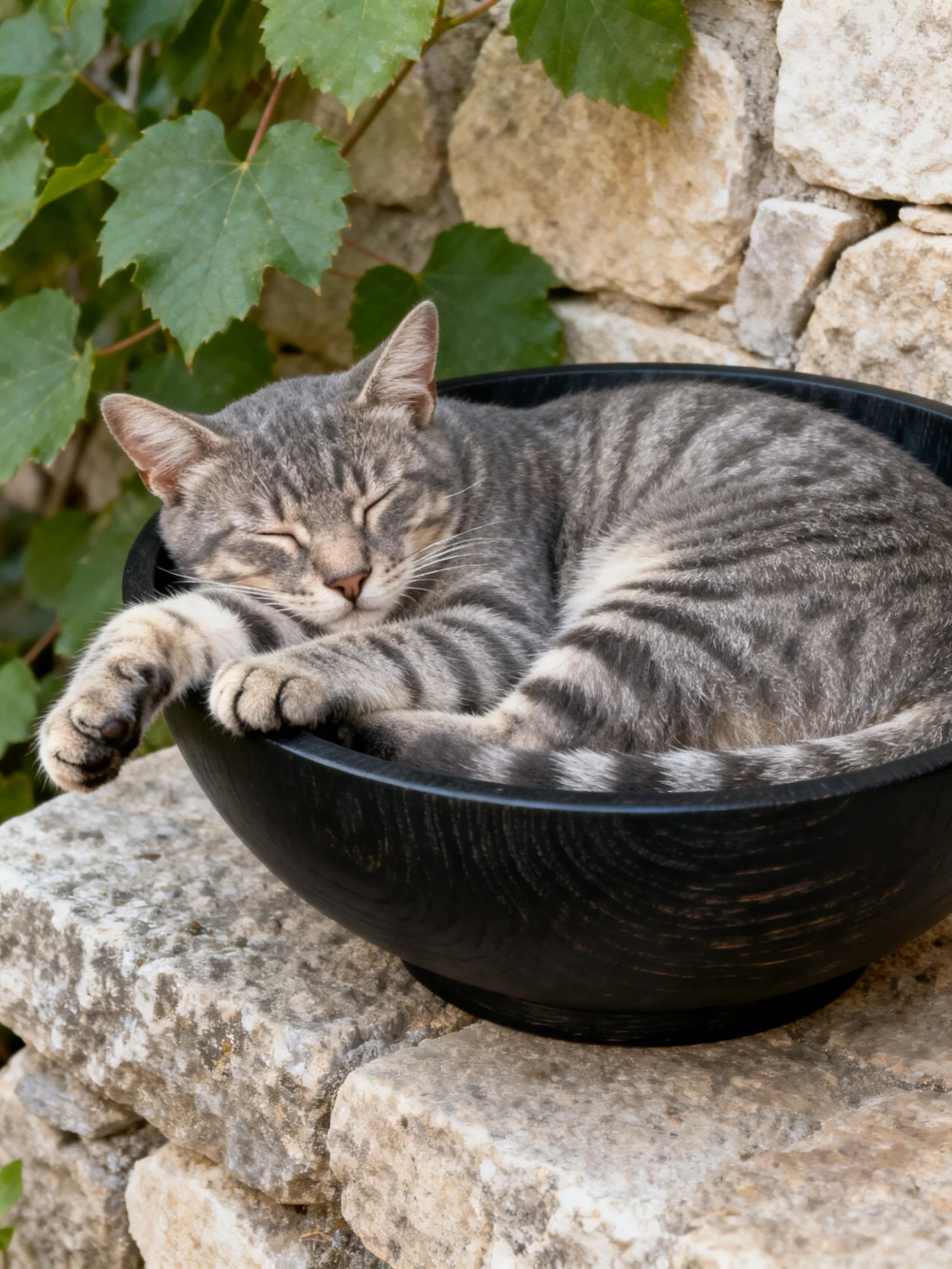 A gray tabby cat rests in a black bowl near stone walls.