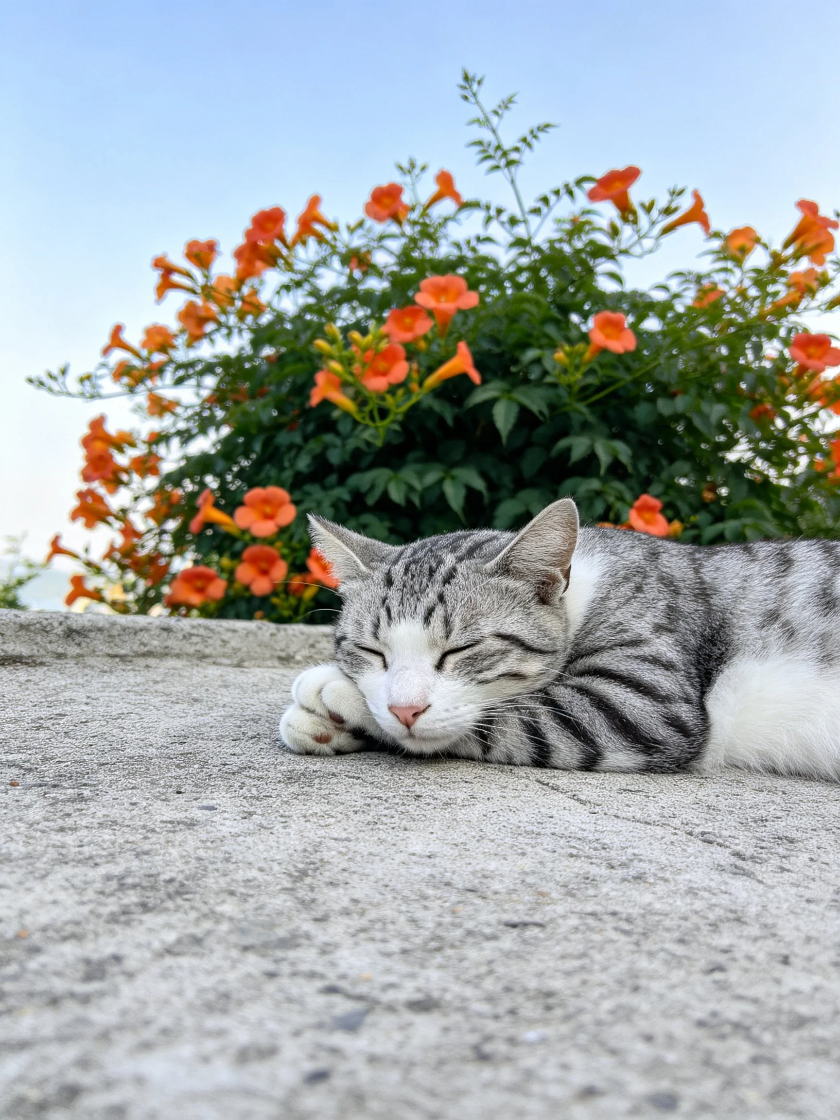 A gray tabby cat sleeps near vibrant orange flowers