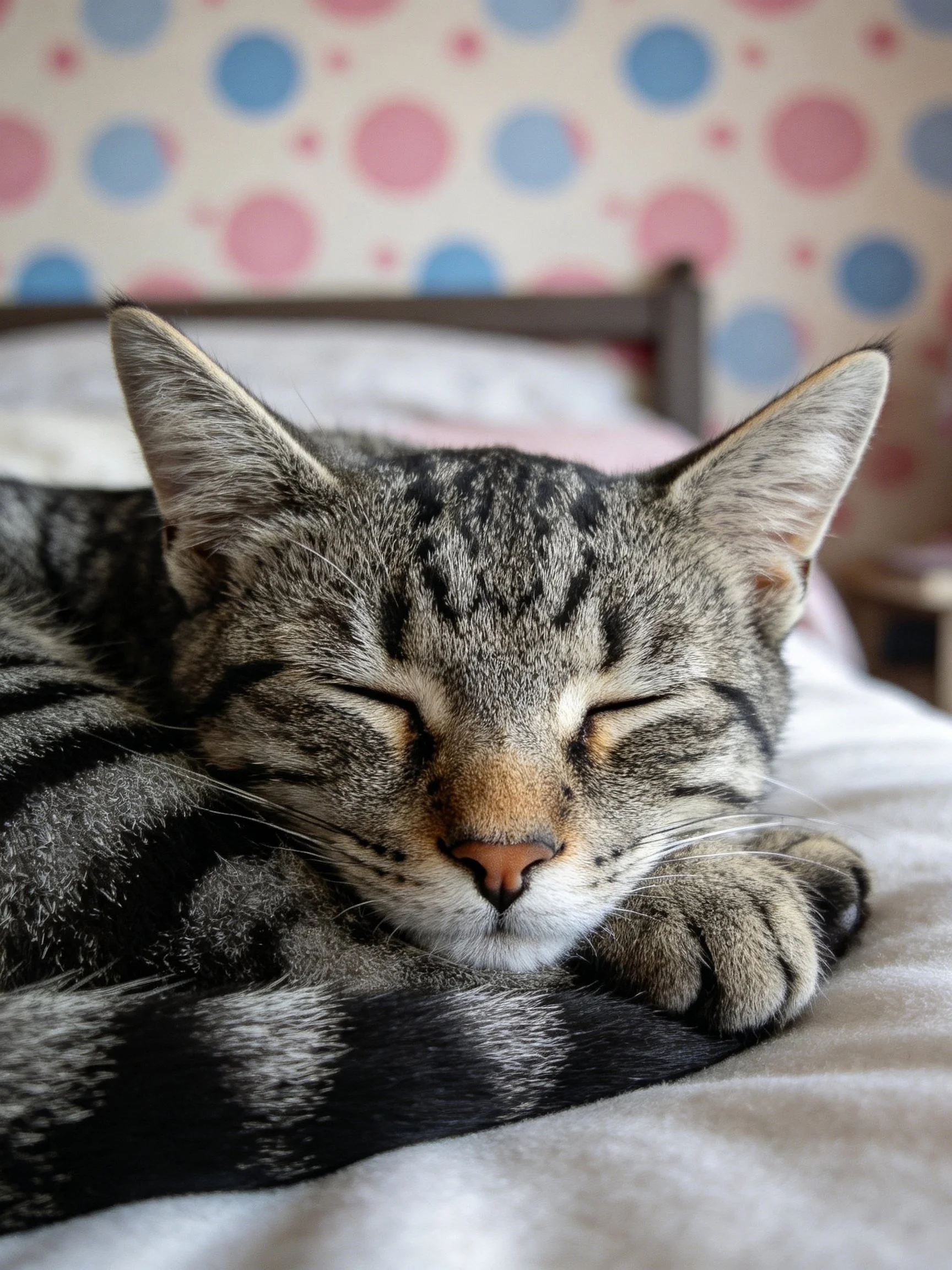A gray tabby cat sleeps on a bed with colorful polka dot wallpaper