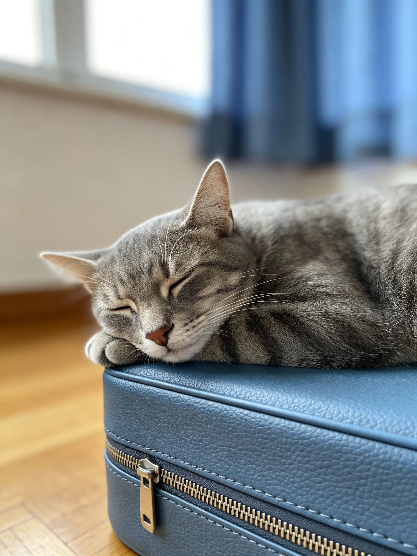 A gray tabby cat sleeps on a blue leather suitcase