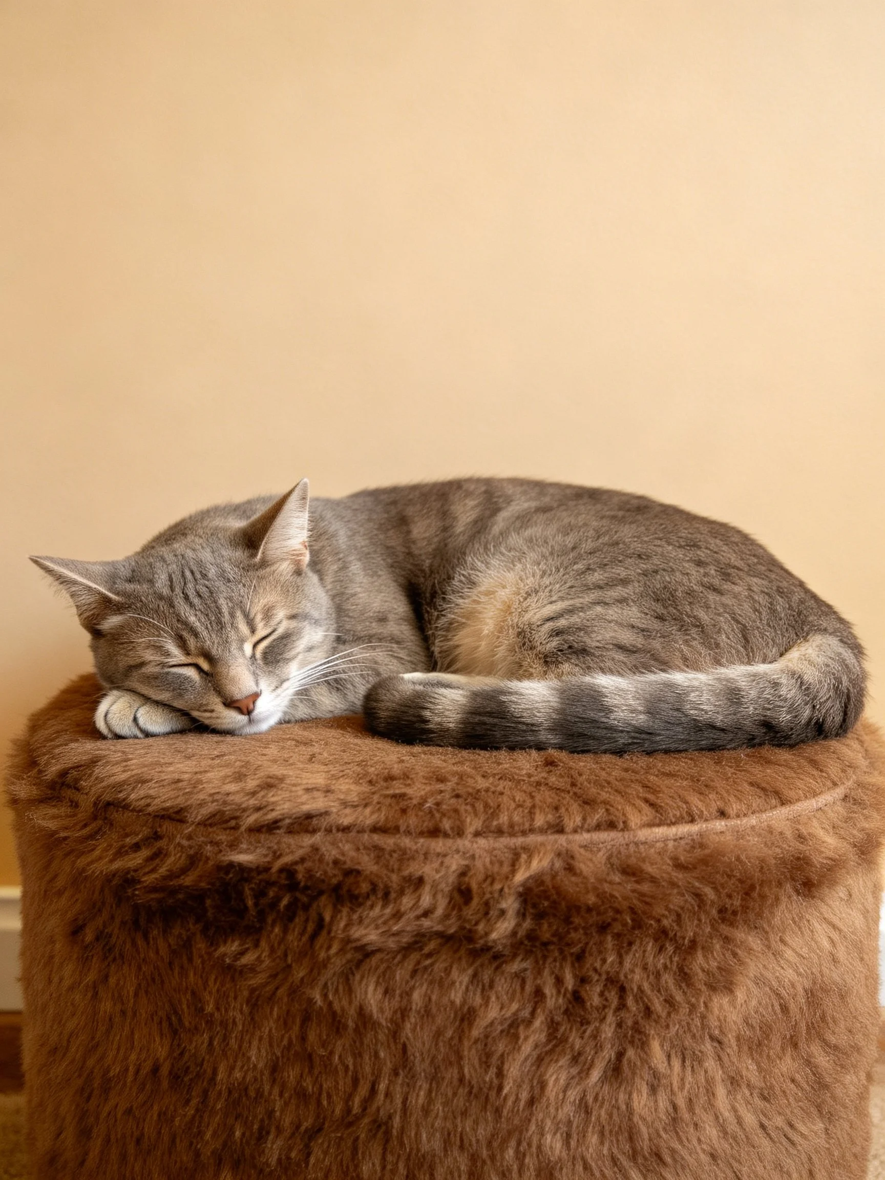 A gray tabby cat rests on a soft brown ottoman.