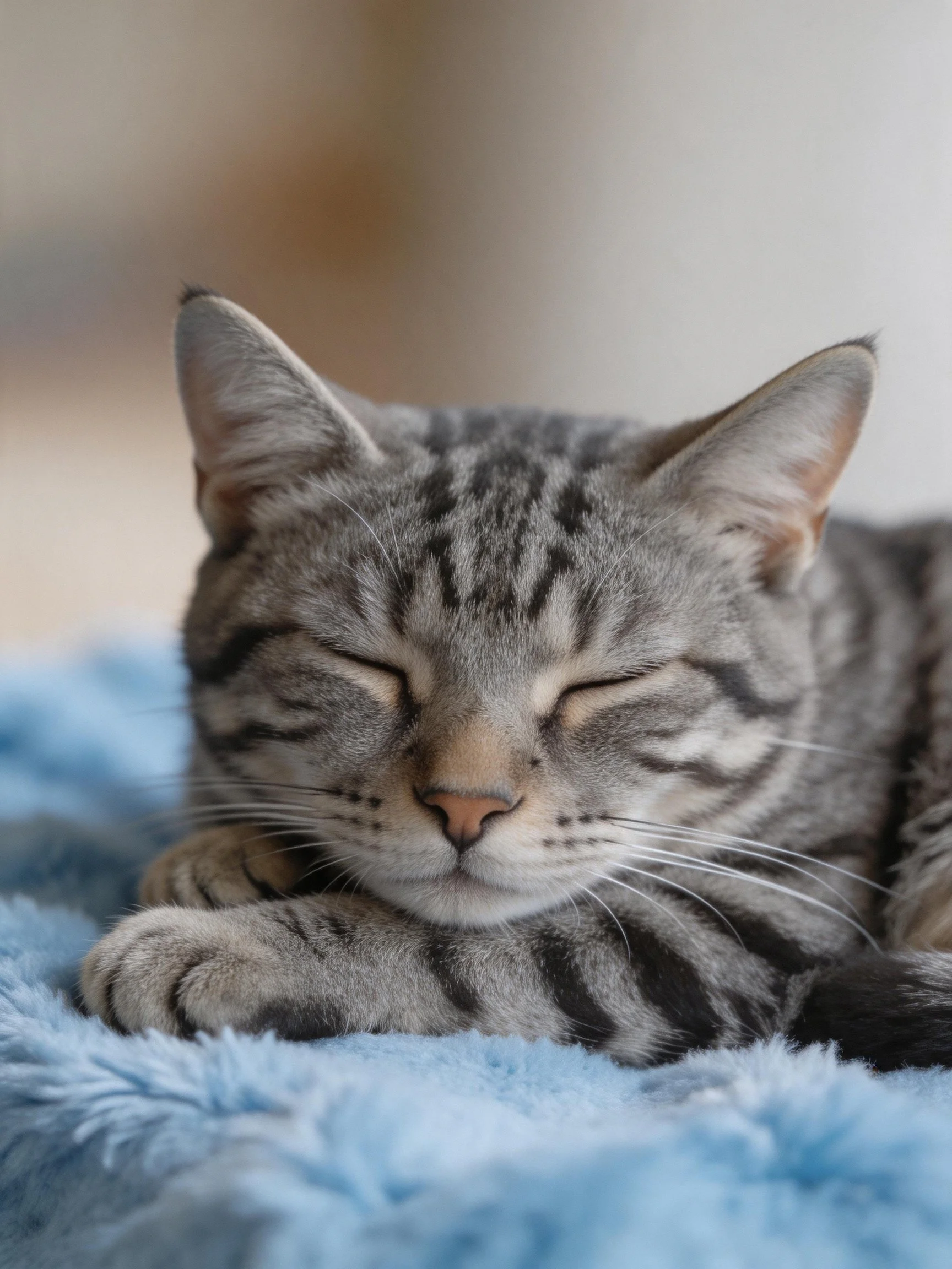 A gray tabby cat rests peacefully on a soft blue blanket