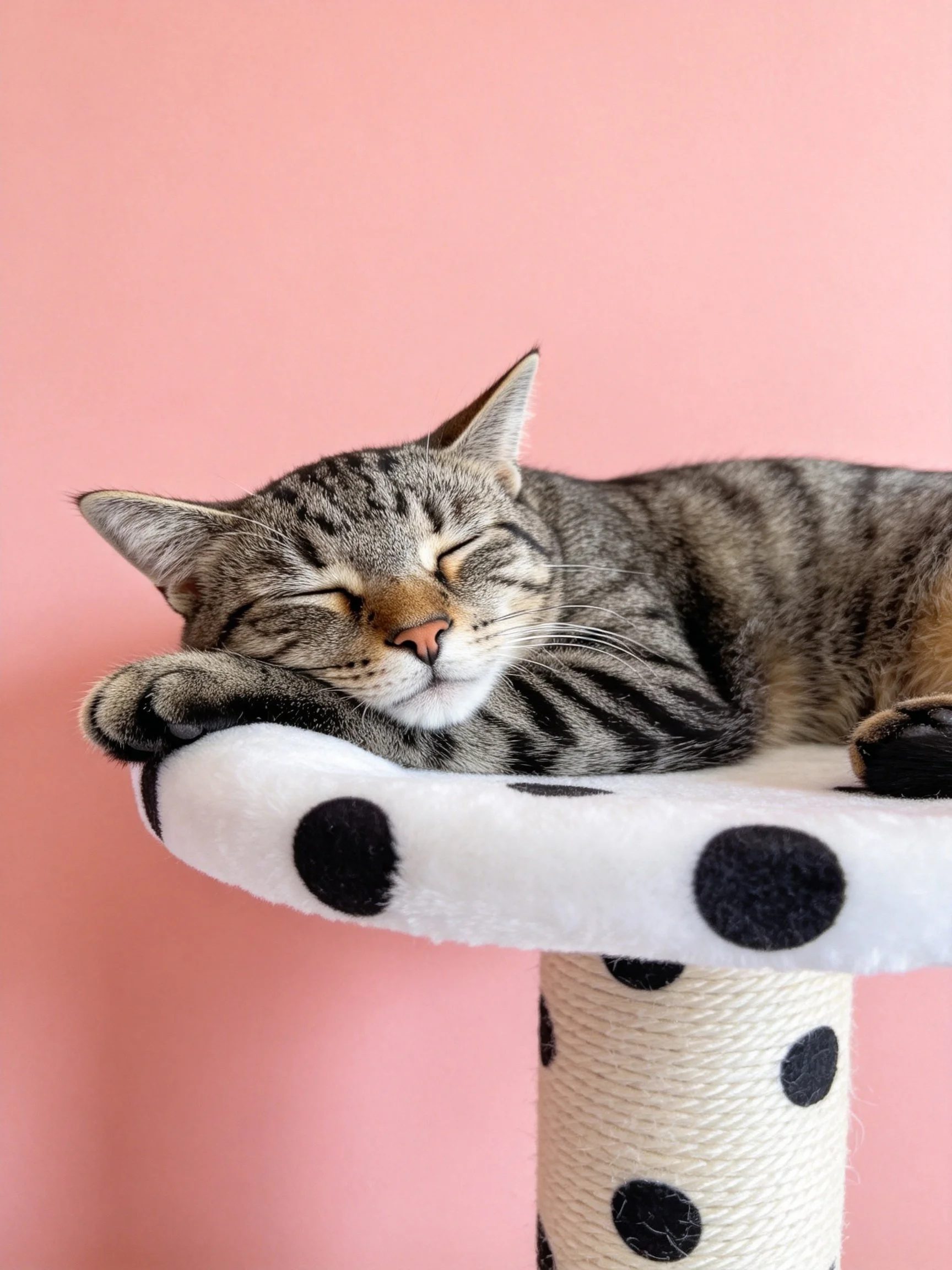 A gray tabby cat rests on a polka-dotted perch with a pink backdrop.
