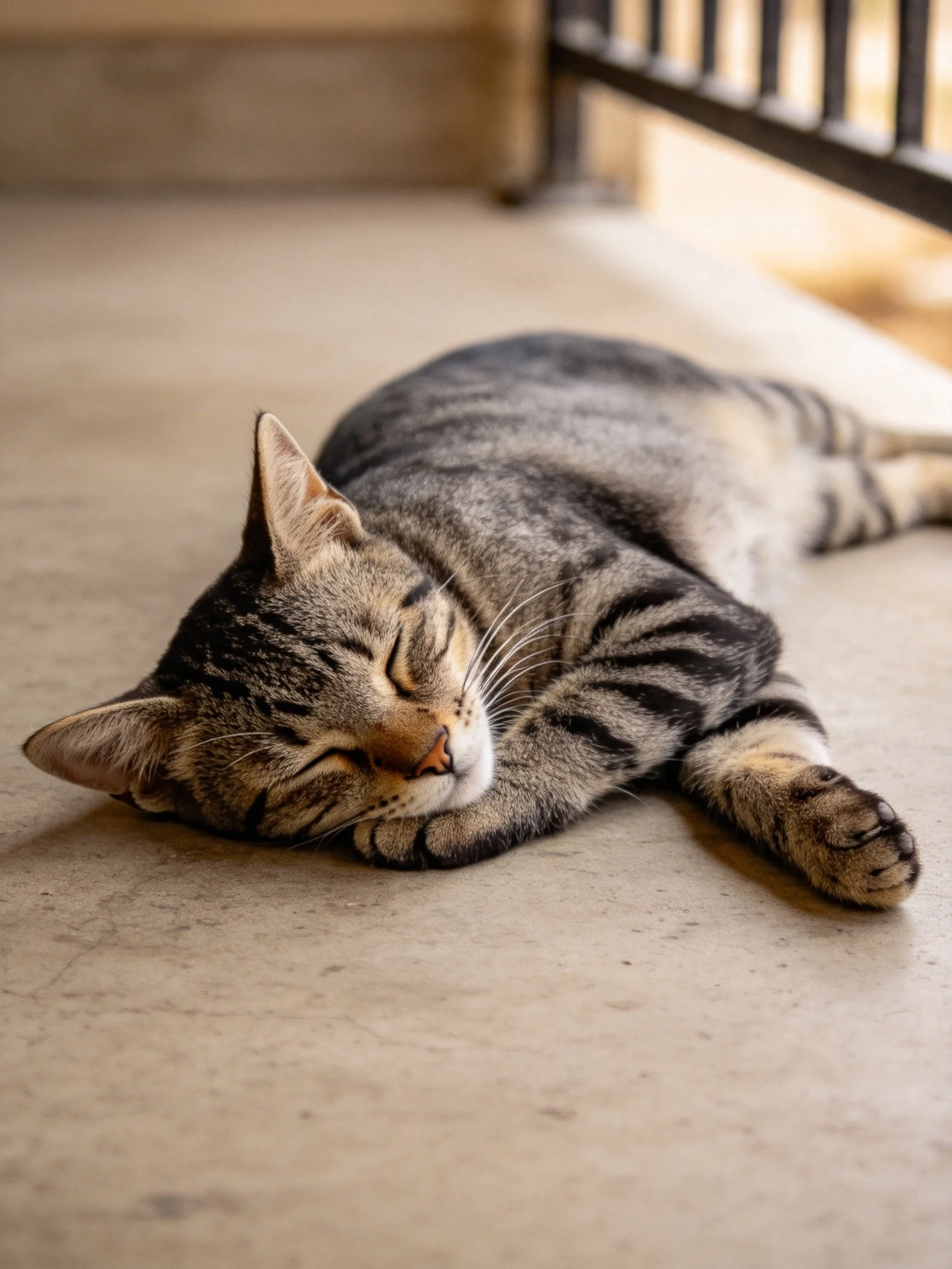 A gray tabby cat sleeps on a smooth concrete floor