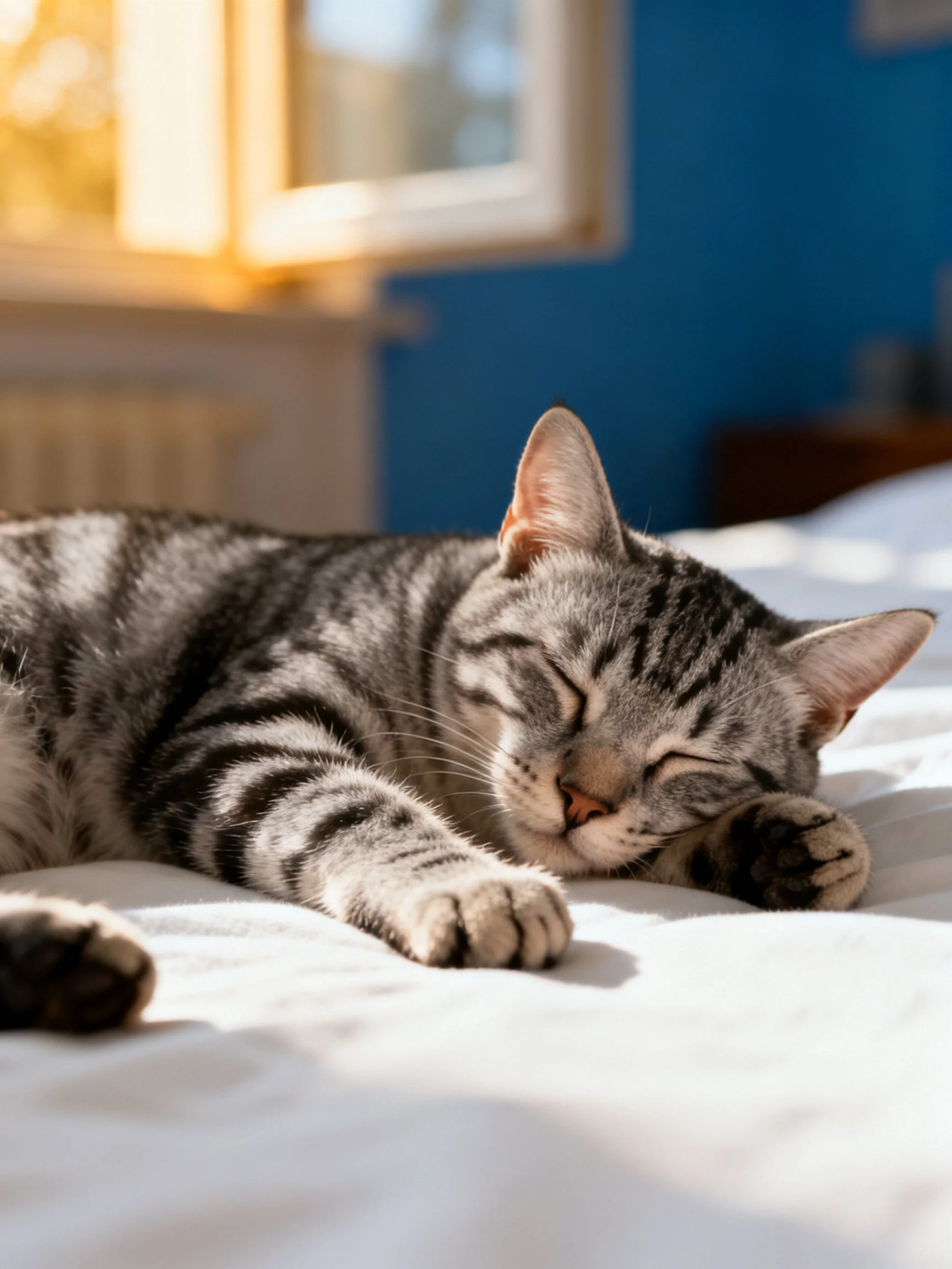 A gray tabby cat rests on a white bed in a sunlit room.