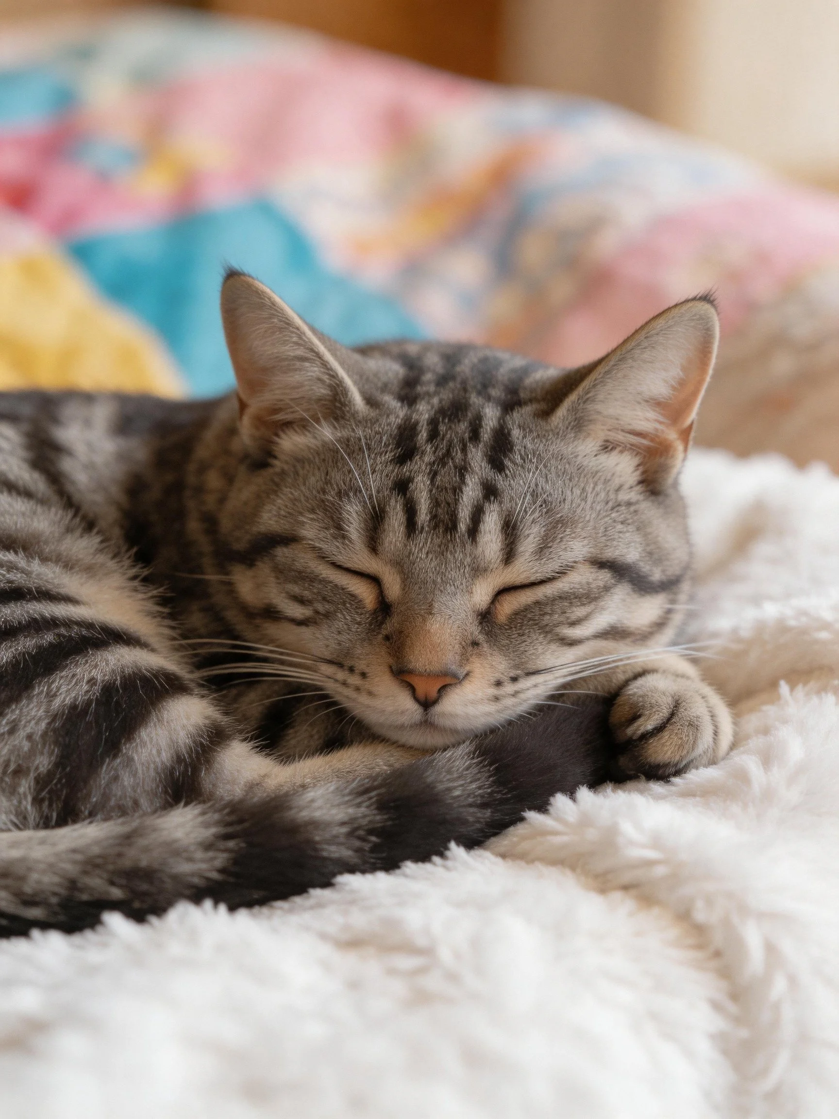 A gray tabby cat peacefully sleeps on a soft white blanket near a vibrant quilt