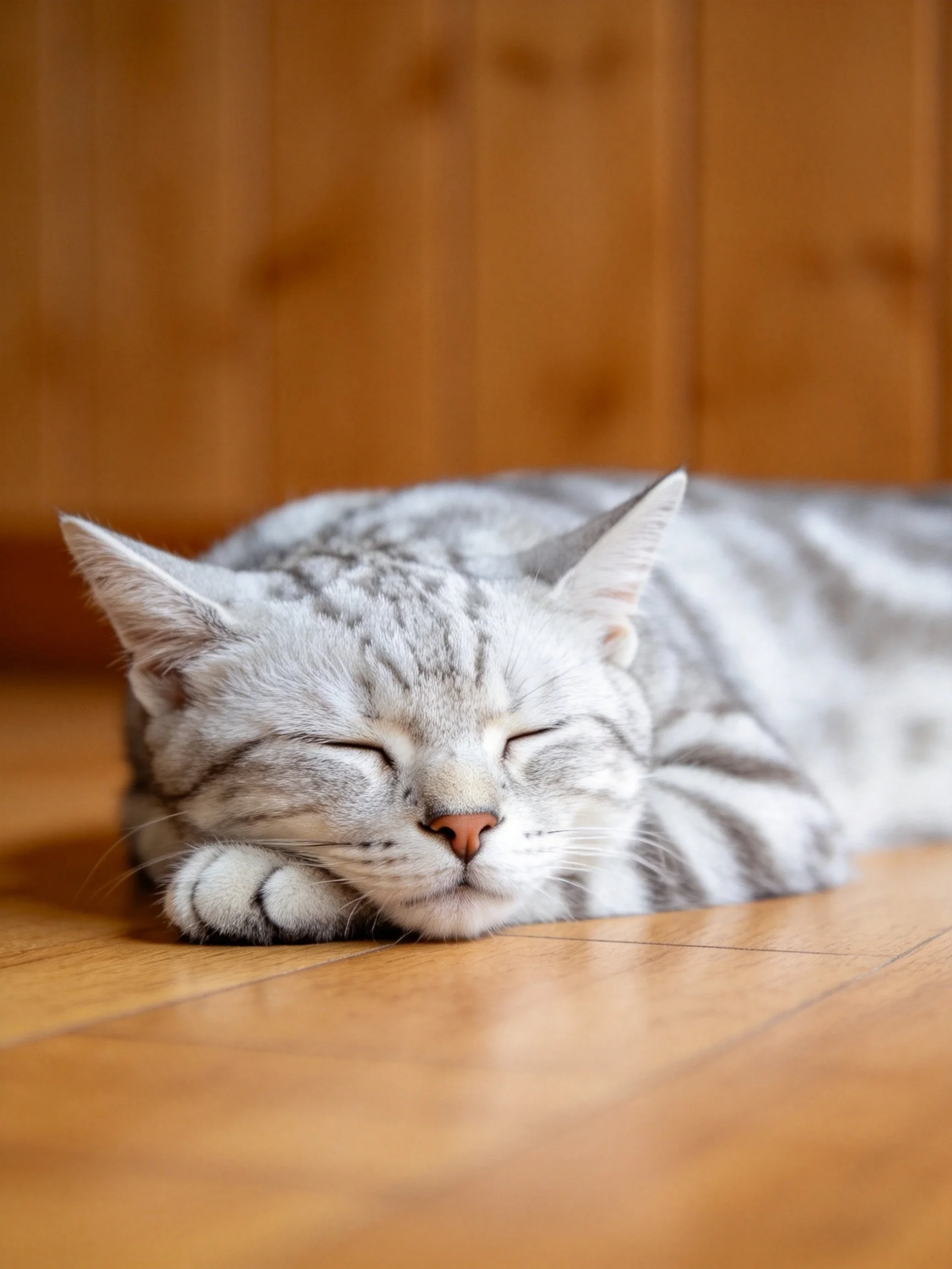 A gray tabby cat sleeps on a wooden floor near a wooden wall.
