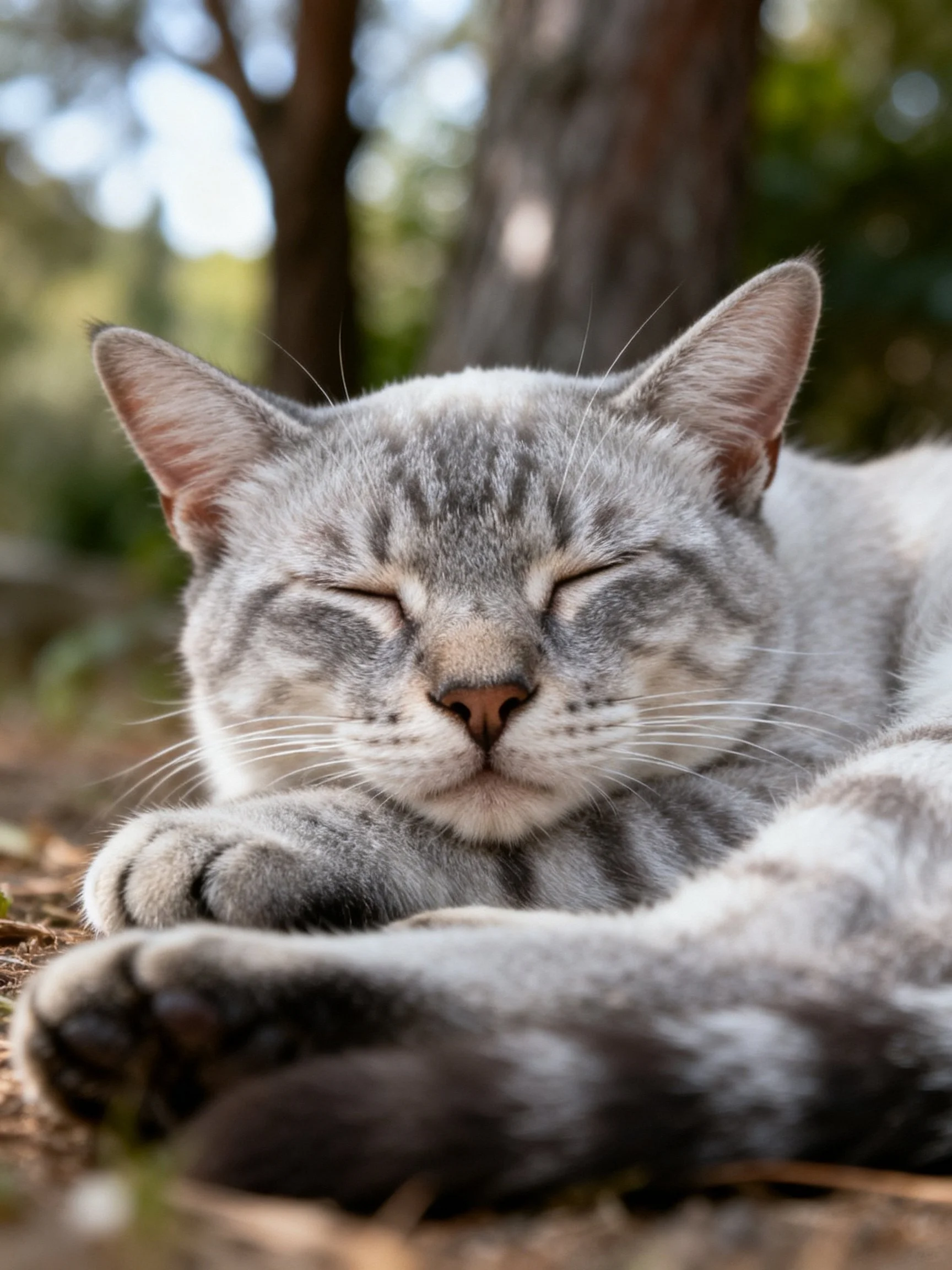 A gray tabby cat sleeps peacefully amid trees and natural surroundings