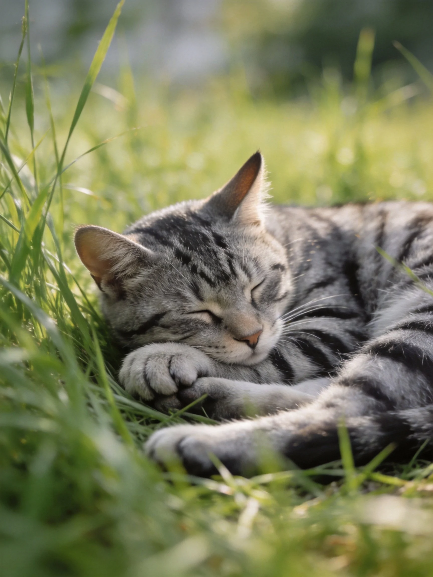 A gray tabby cat sleeps peacefully among lush green grass