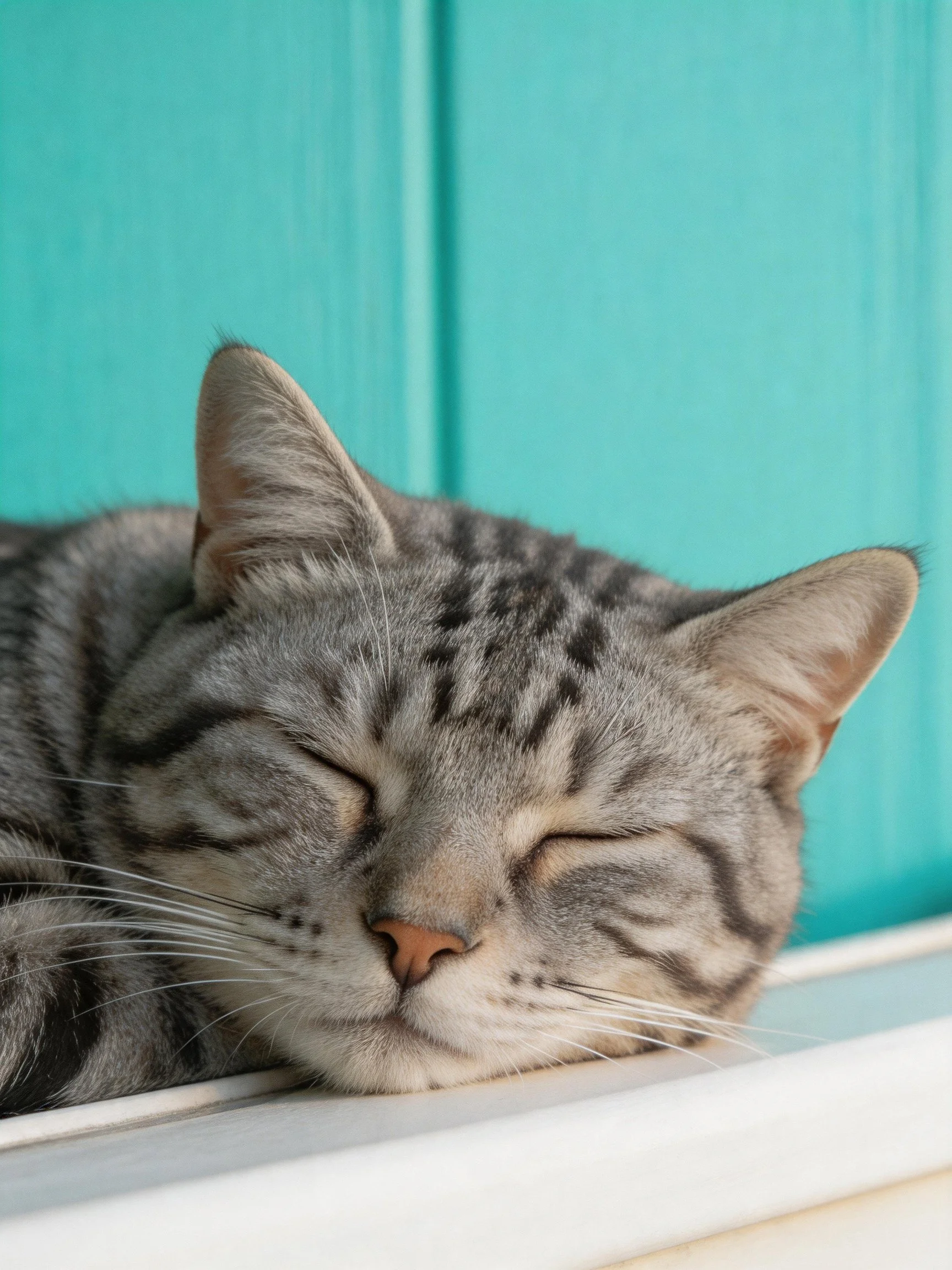 A gray tabby cat sleeps peacefully near a turquoise wall