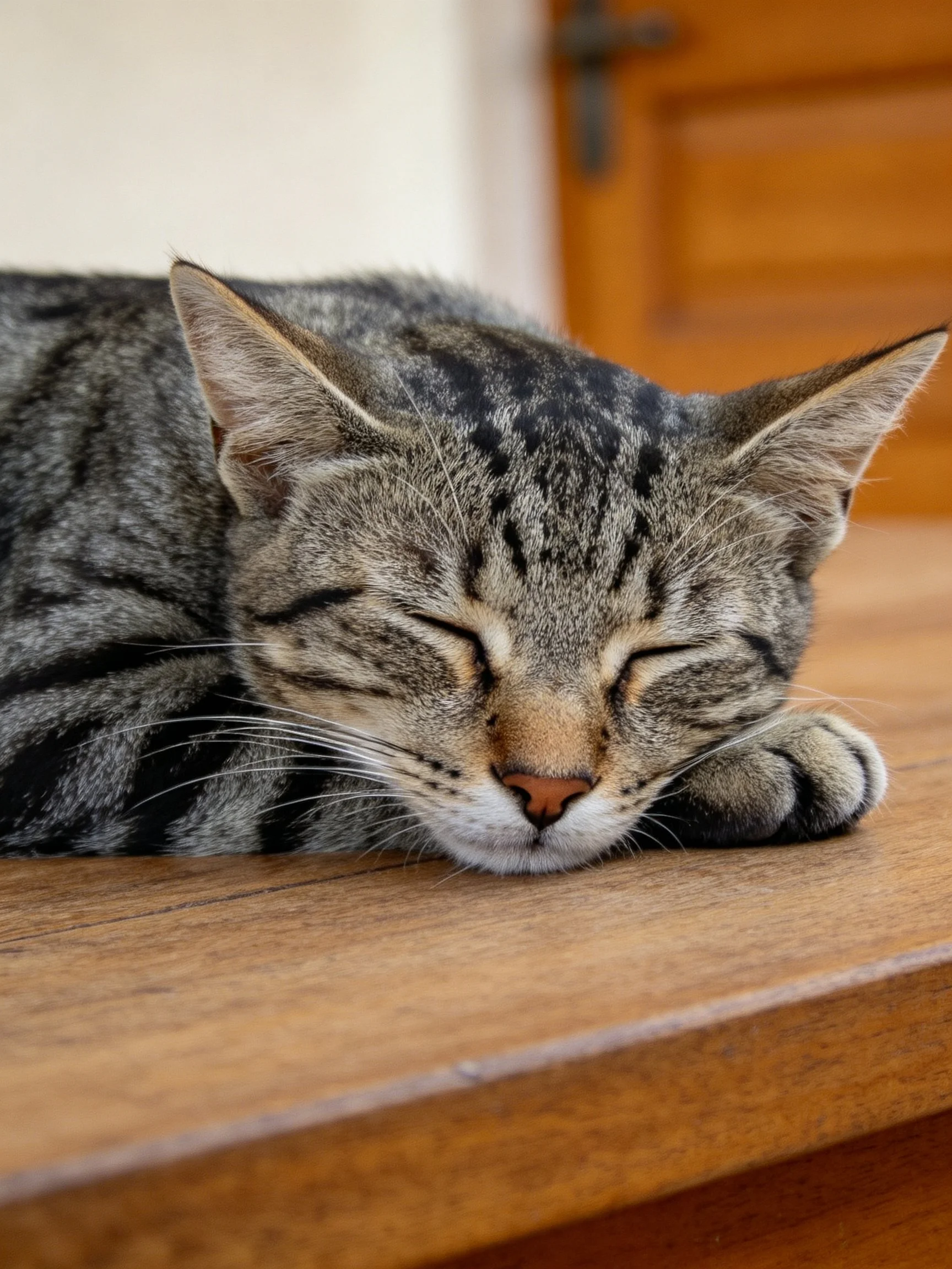 A gray tabby cat sleeps peacefully on a polished wooden table