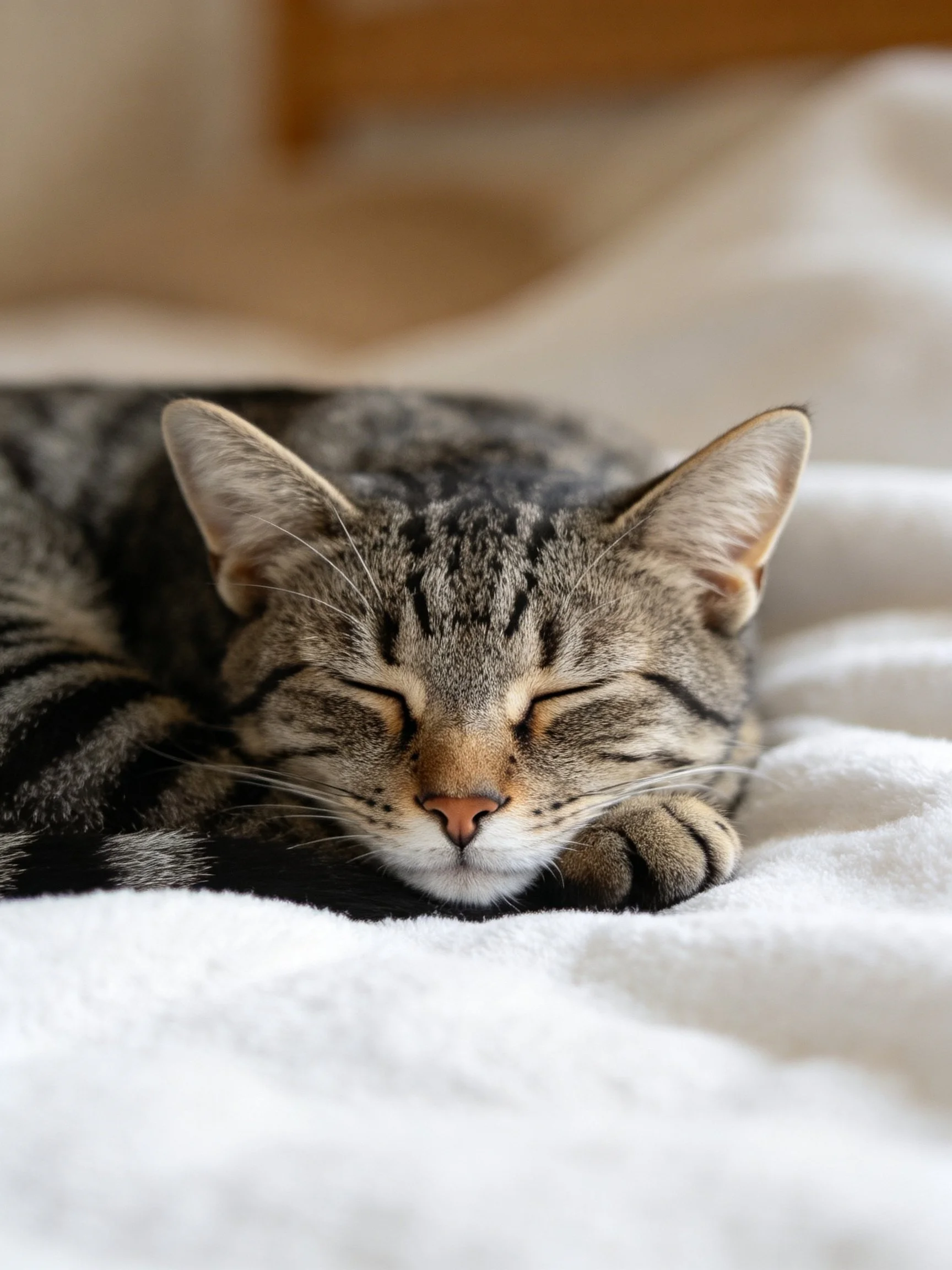 A gray tabby cat sleeps peacefully on a soft white blanket