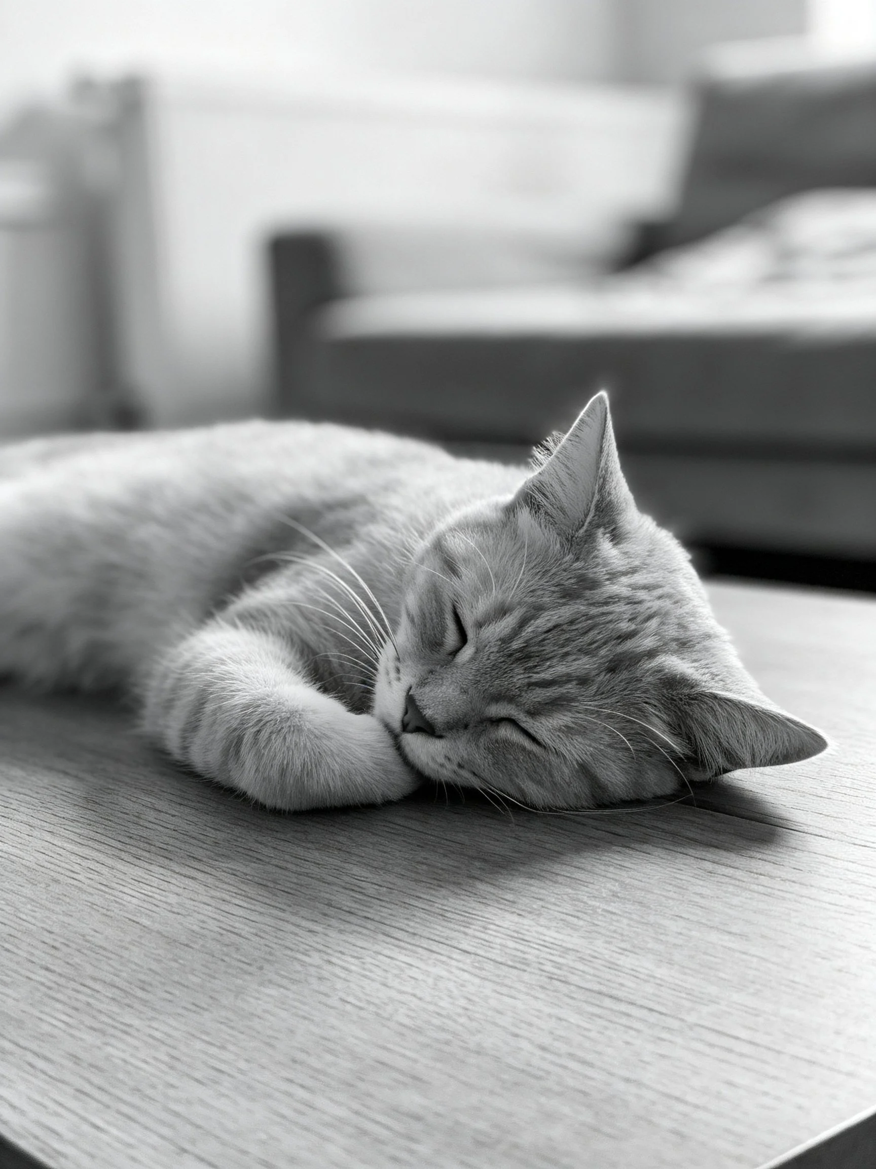 A gray tabby cat sleeps peacefully on a wooden table