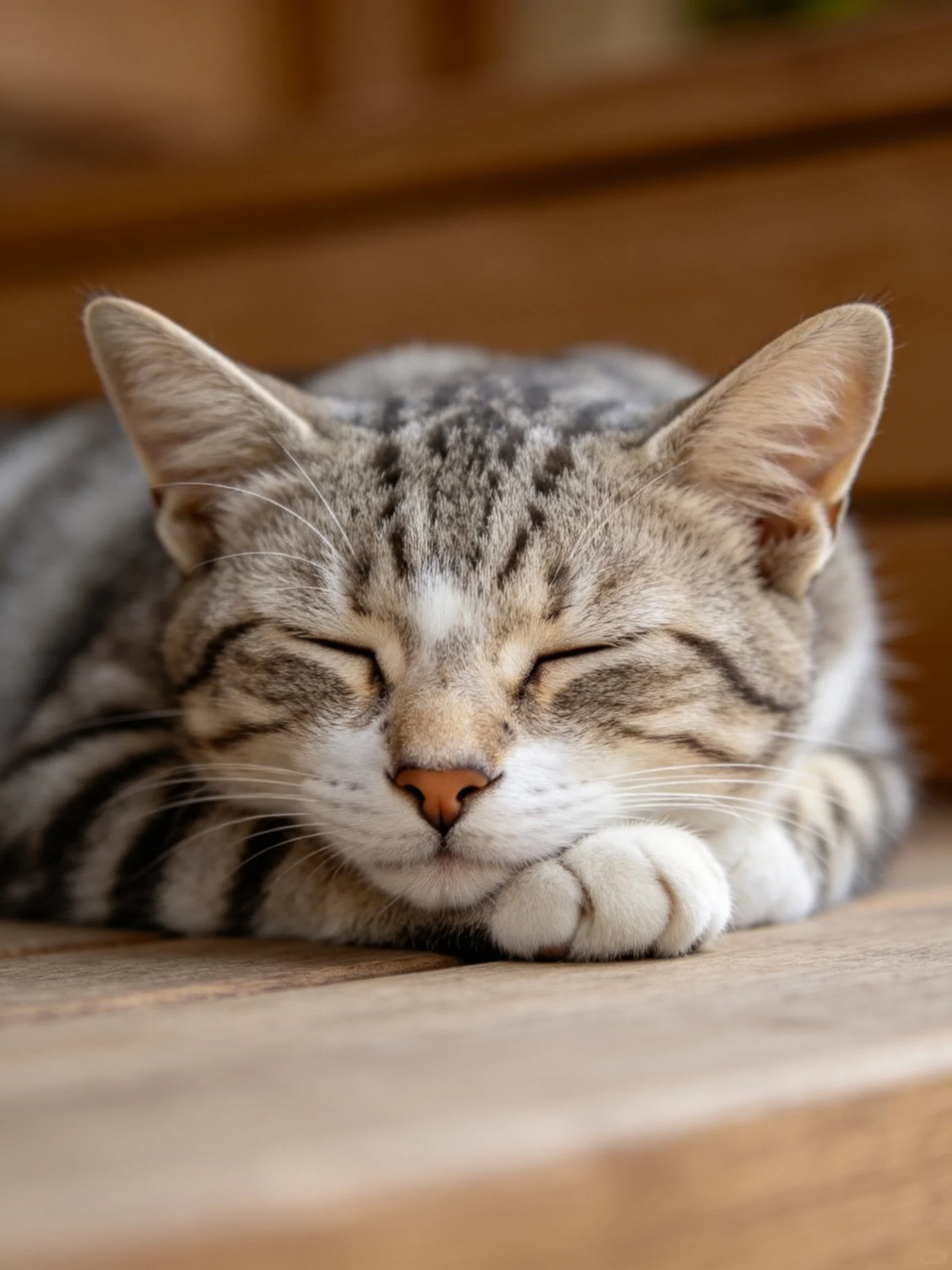 A gray tabby cat sleeps peacefully on wooden flooring