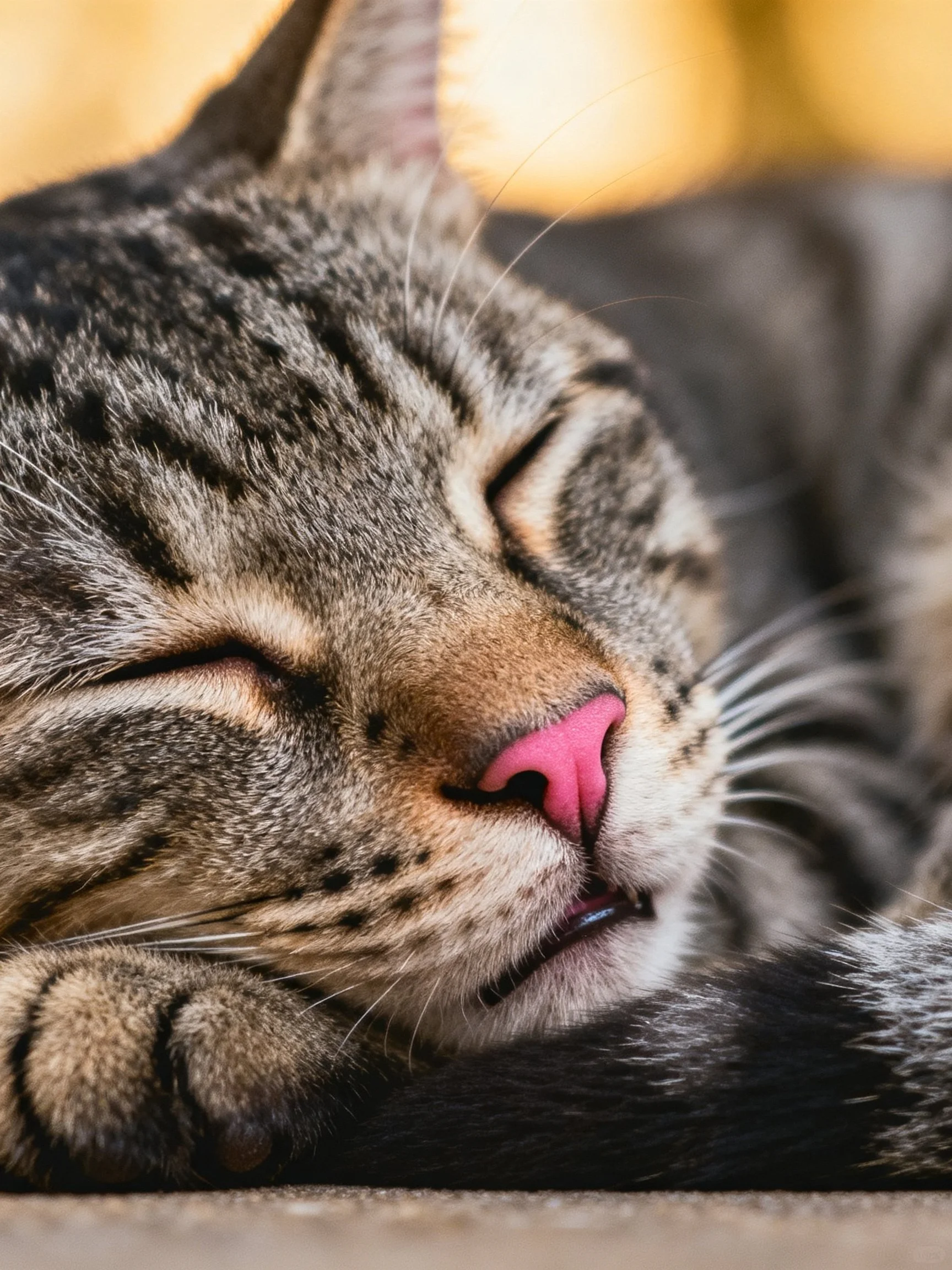 A gray tabby cat sleeps peacefully with closed eyes