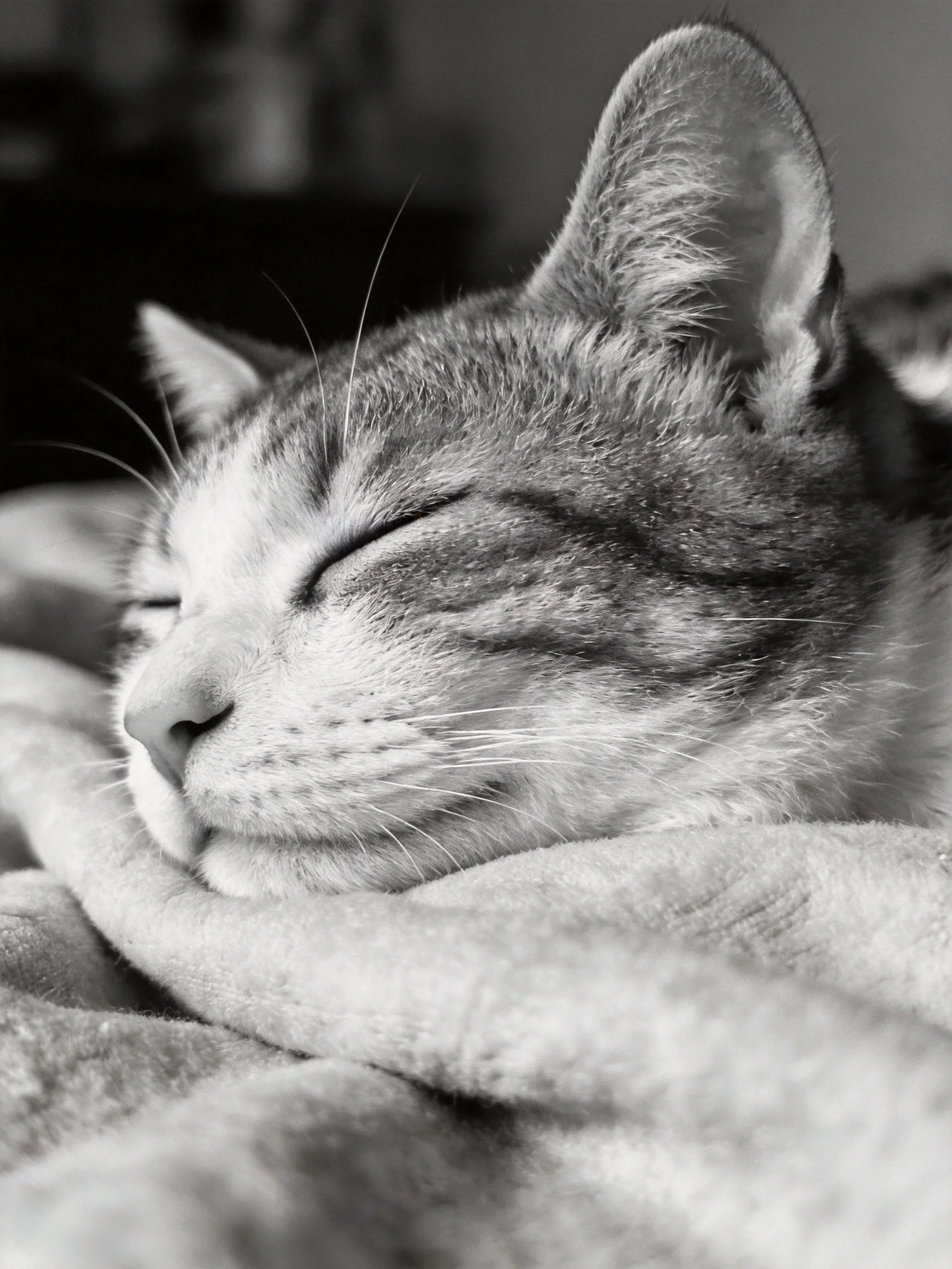 A gray tabby cat sleeps peacefully wrapped in a soft blanket