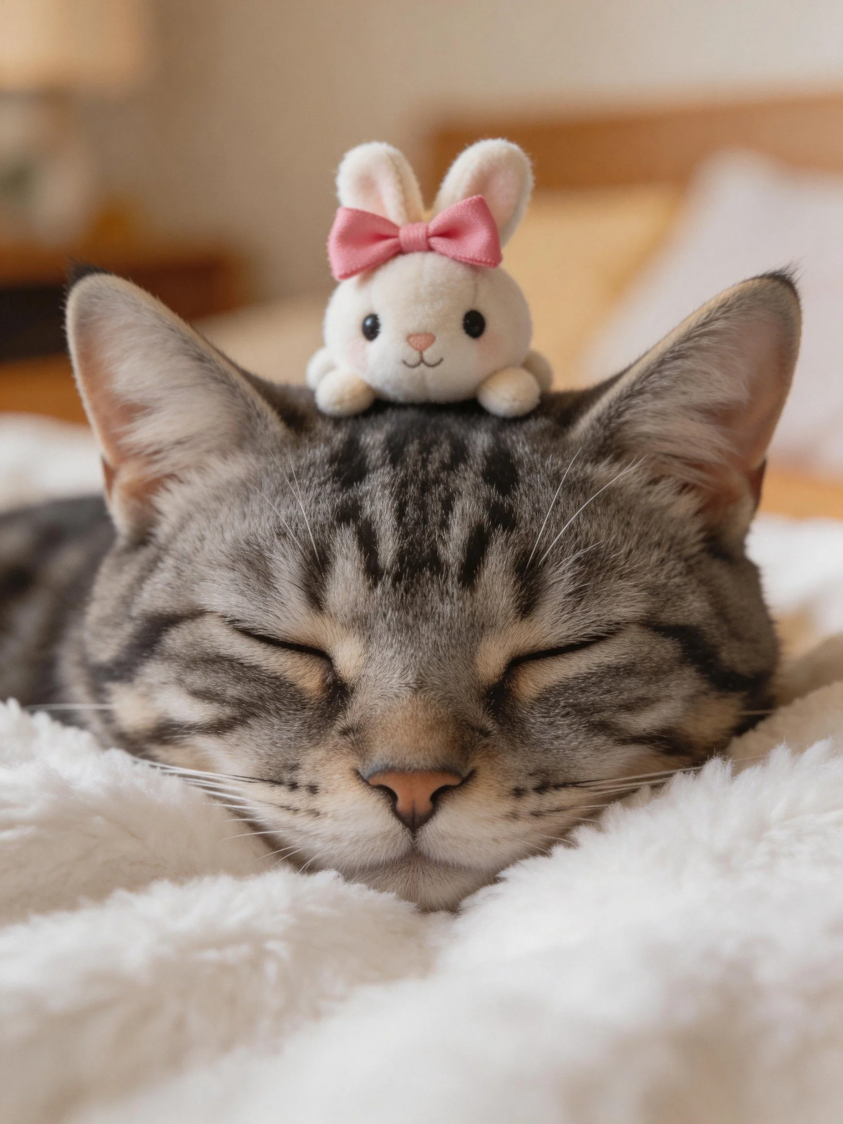 A gray tabby cat sleeps with a white stuffed bunny on its head