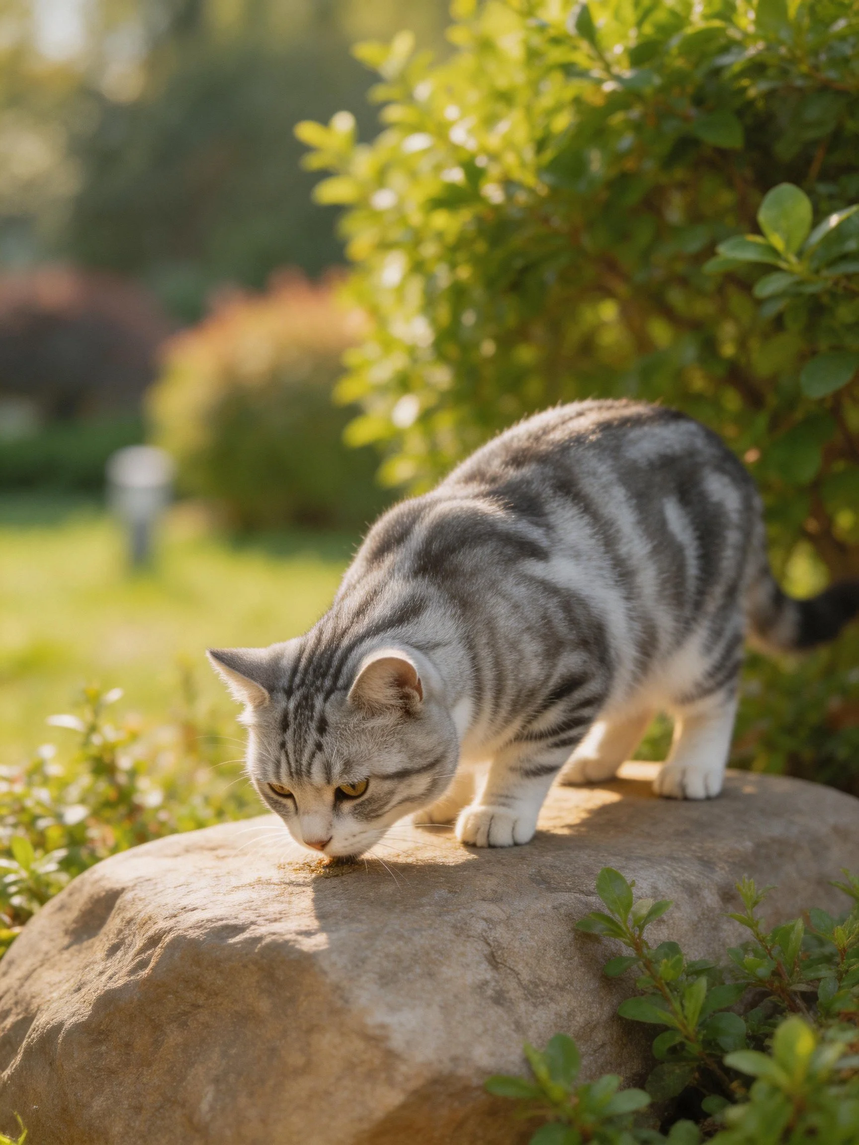 A gray tabby cat sniffs a large rock in a sunlit garden