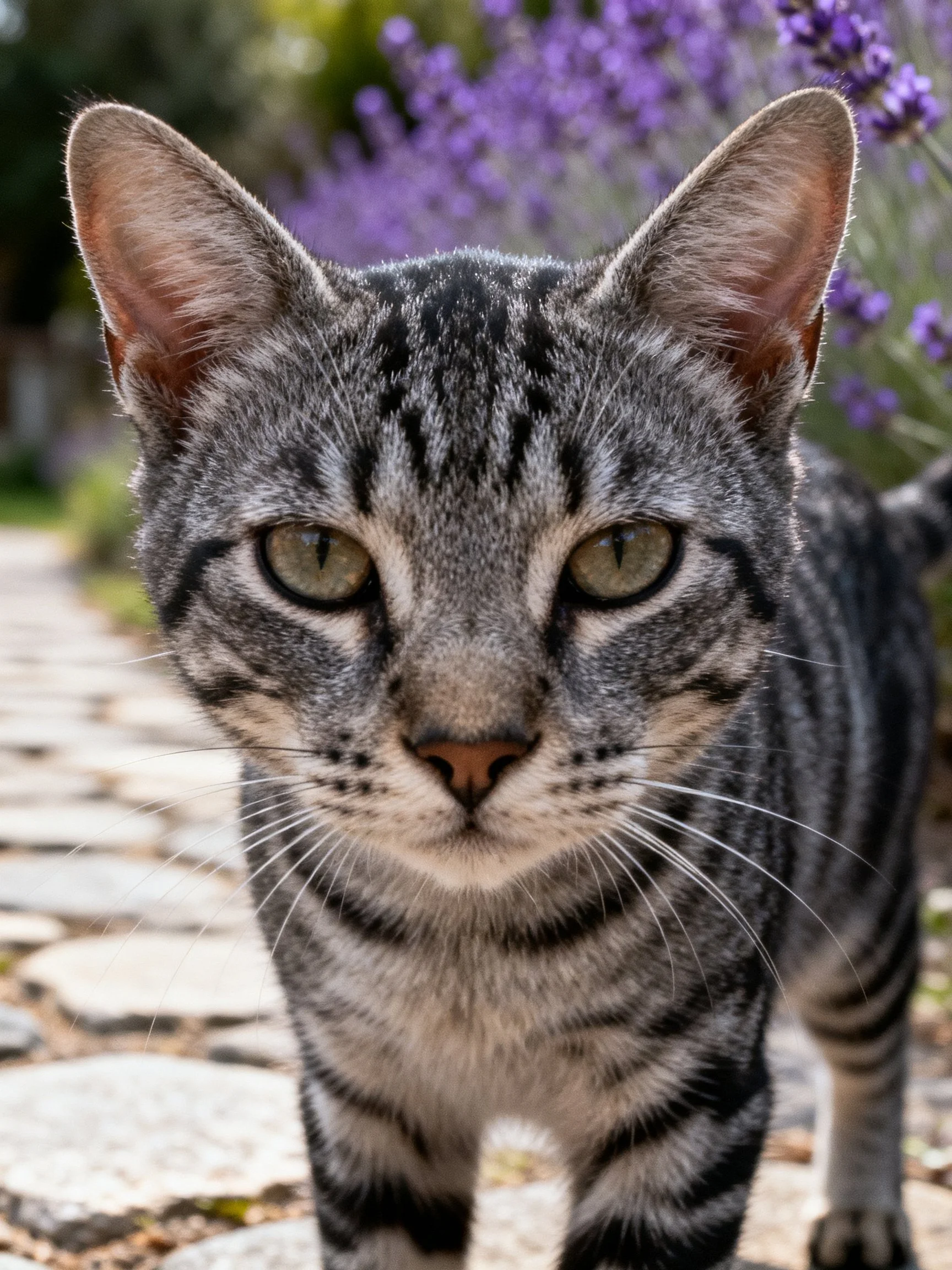 A gray tabby cat stands near purple flowers on a stone path