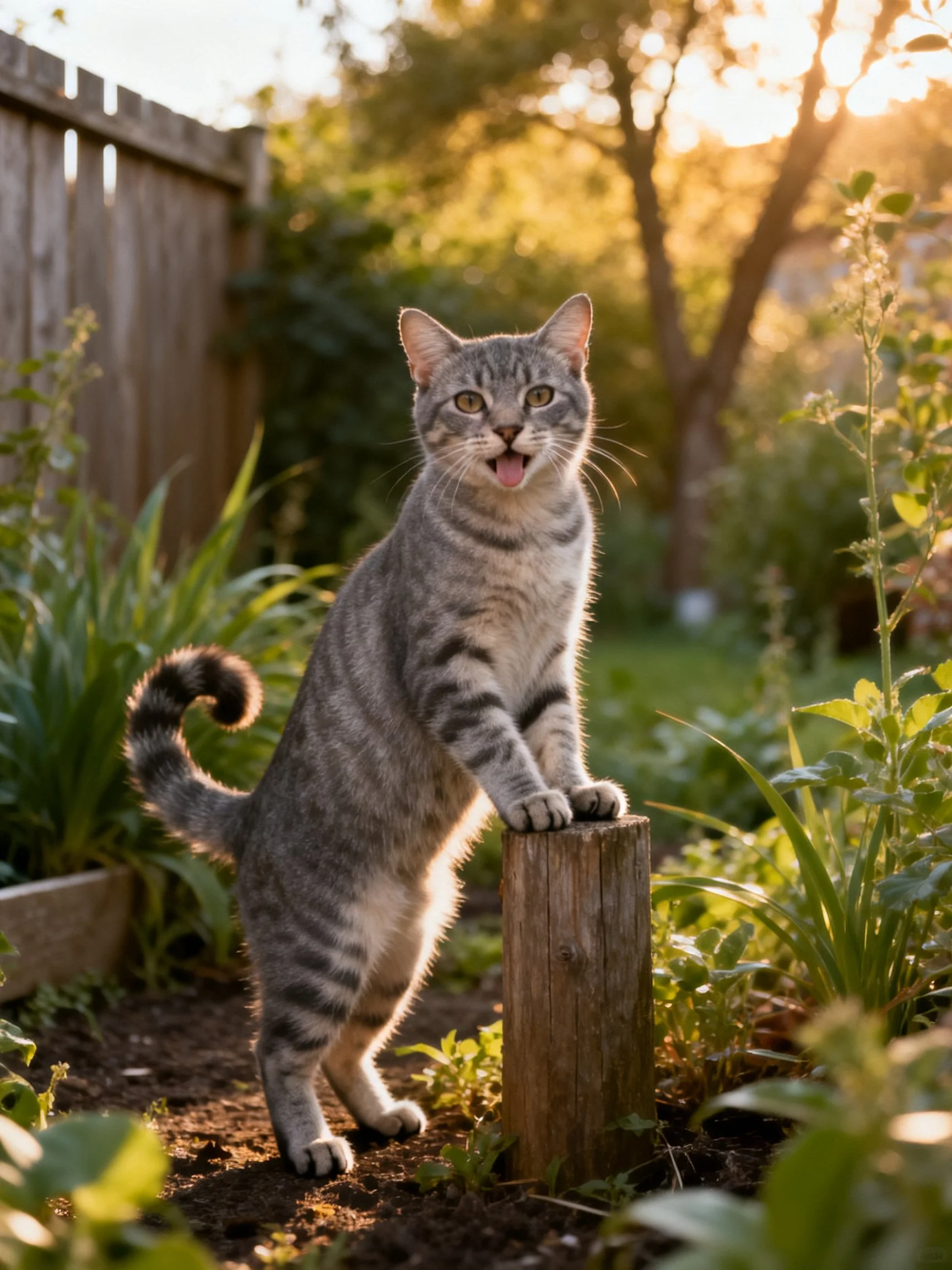 A gray tabby cat poses on a wooden post in a sunlit garden