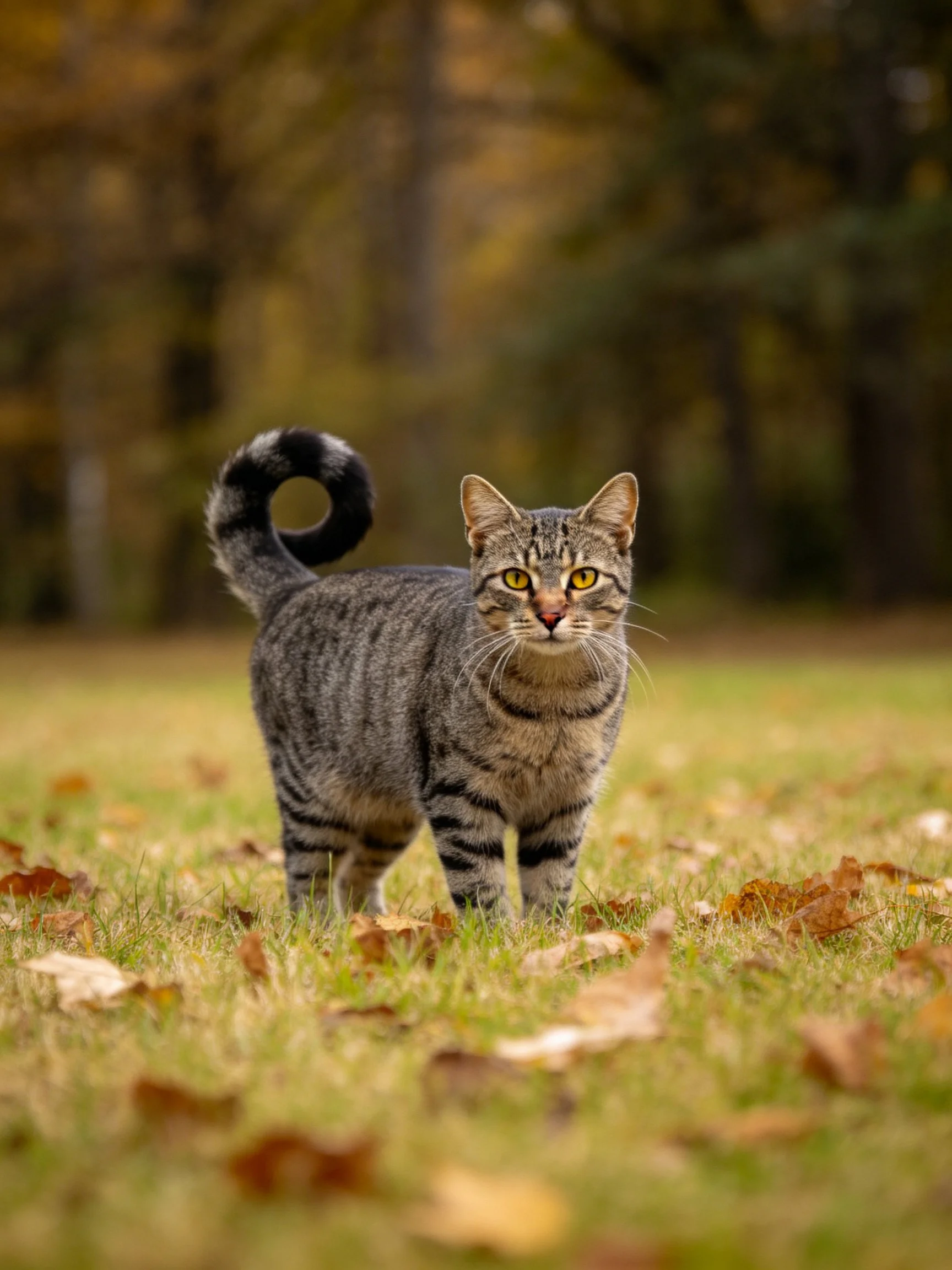 A gray tabby cat stands on fallen leaves amid an autumnal forest clearing