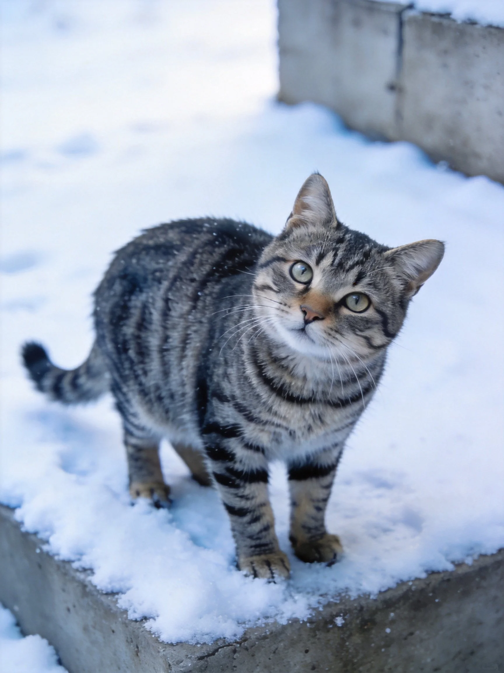 A gray tabby cat stands on snowy concrete steps
