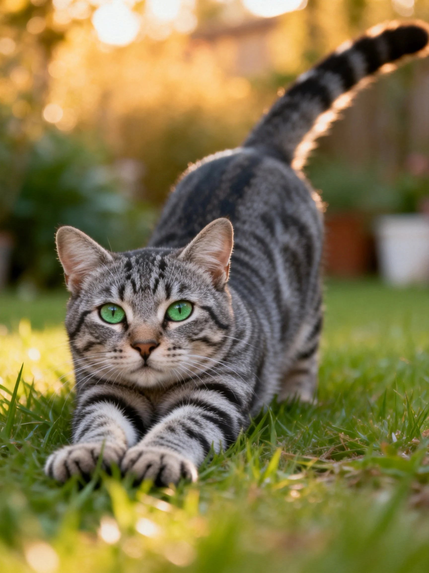 A gray tabby cat stretches on sunlit grass with bright green eyes