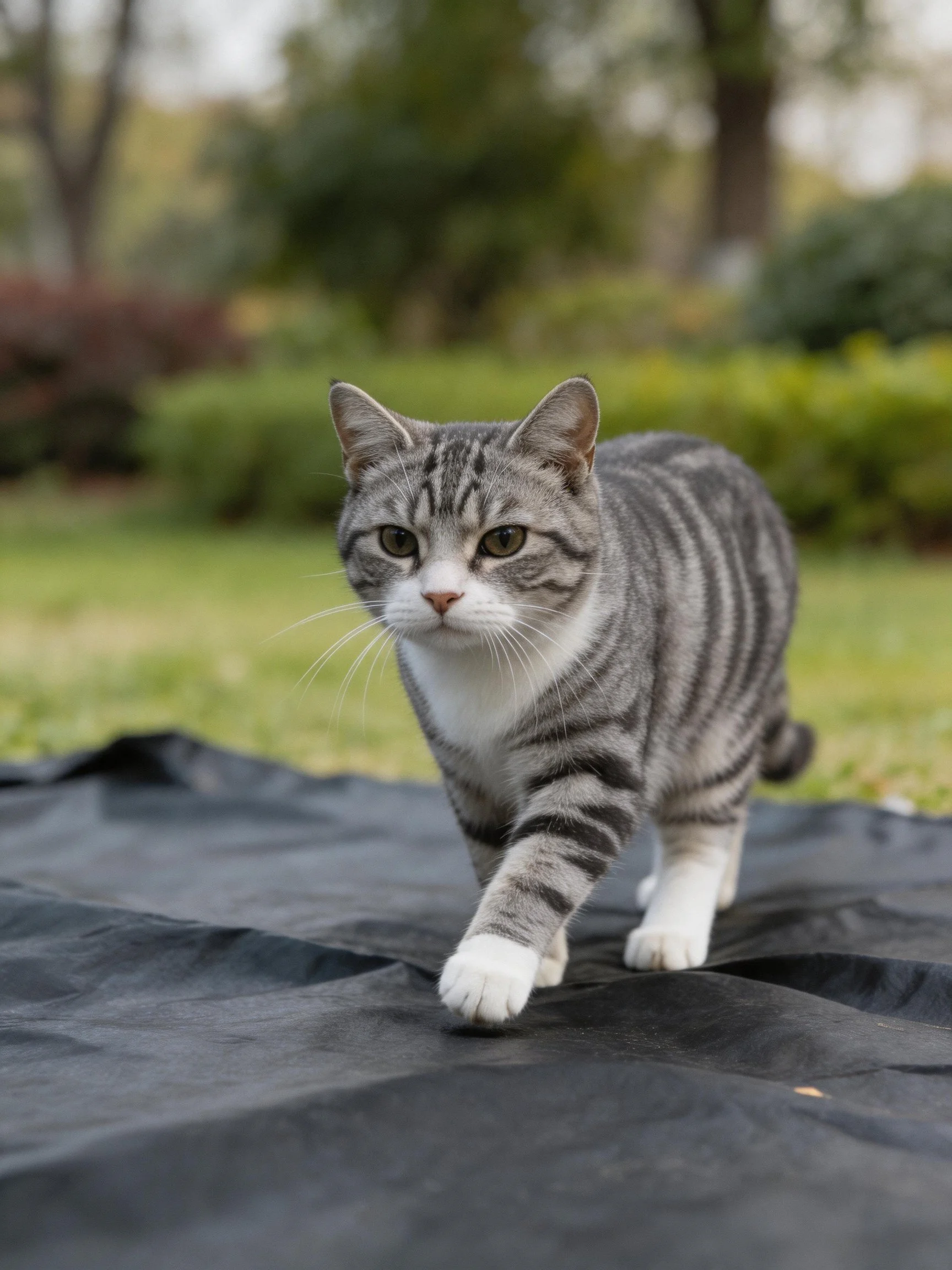 A gray tabby cat walking on a black tarp in a green outdoor area