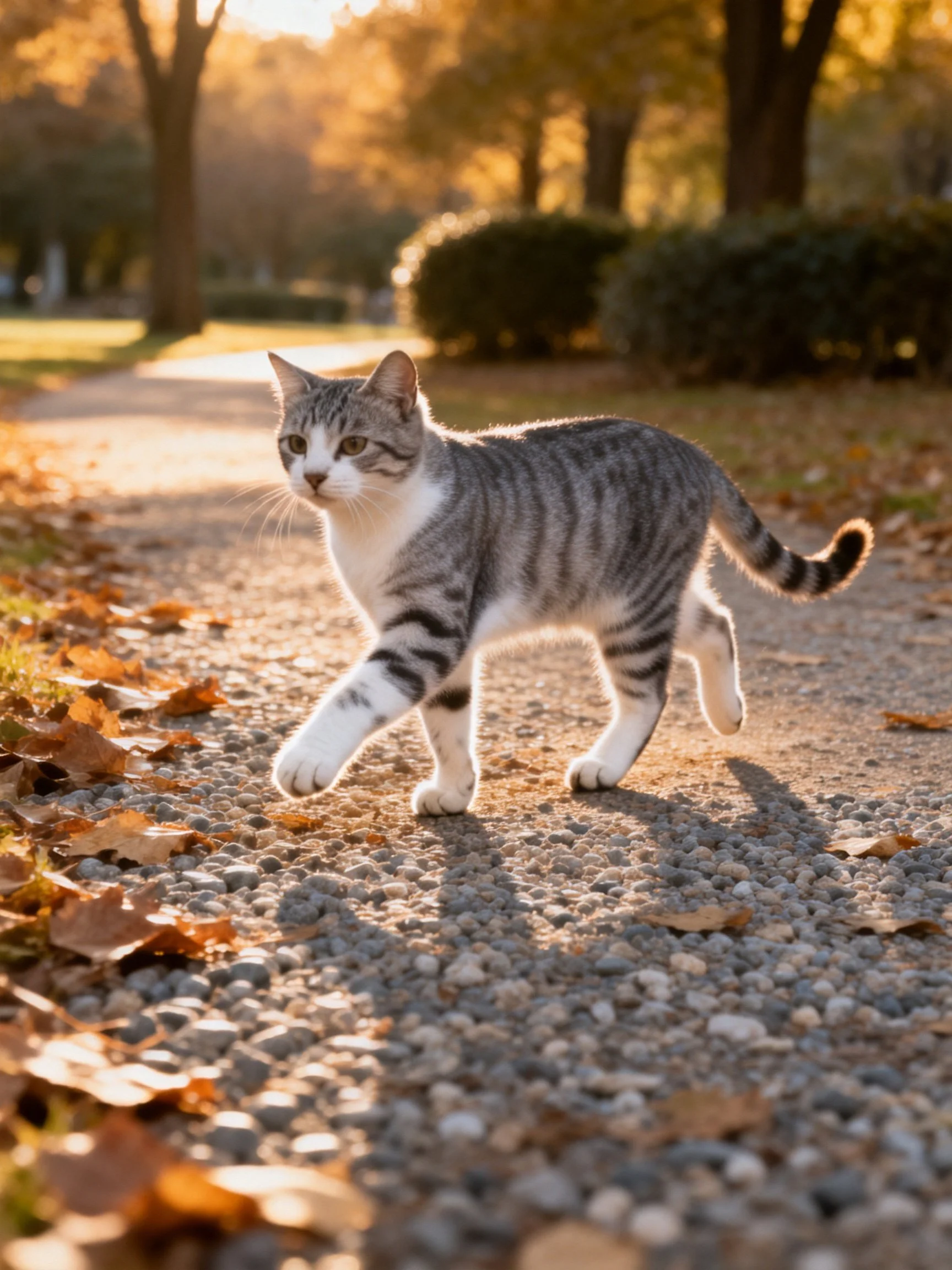 Agray tabby cat traverses a leaf-littered gravel path in a sunlit park.