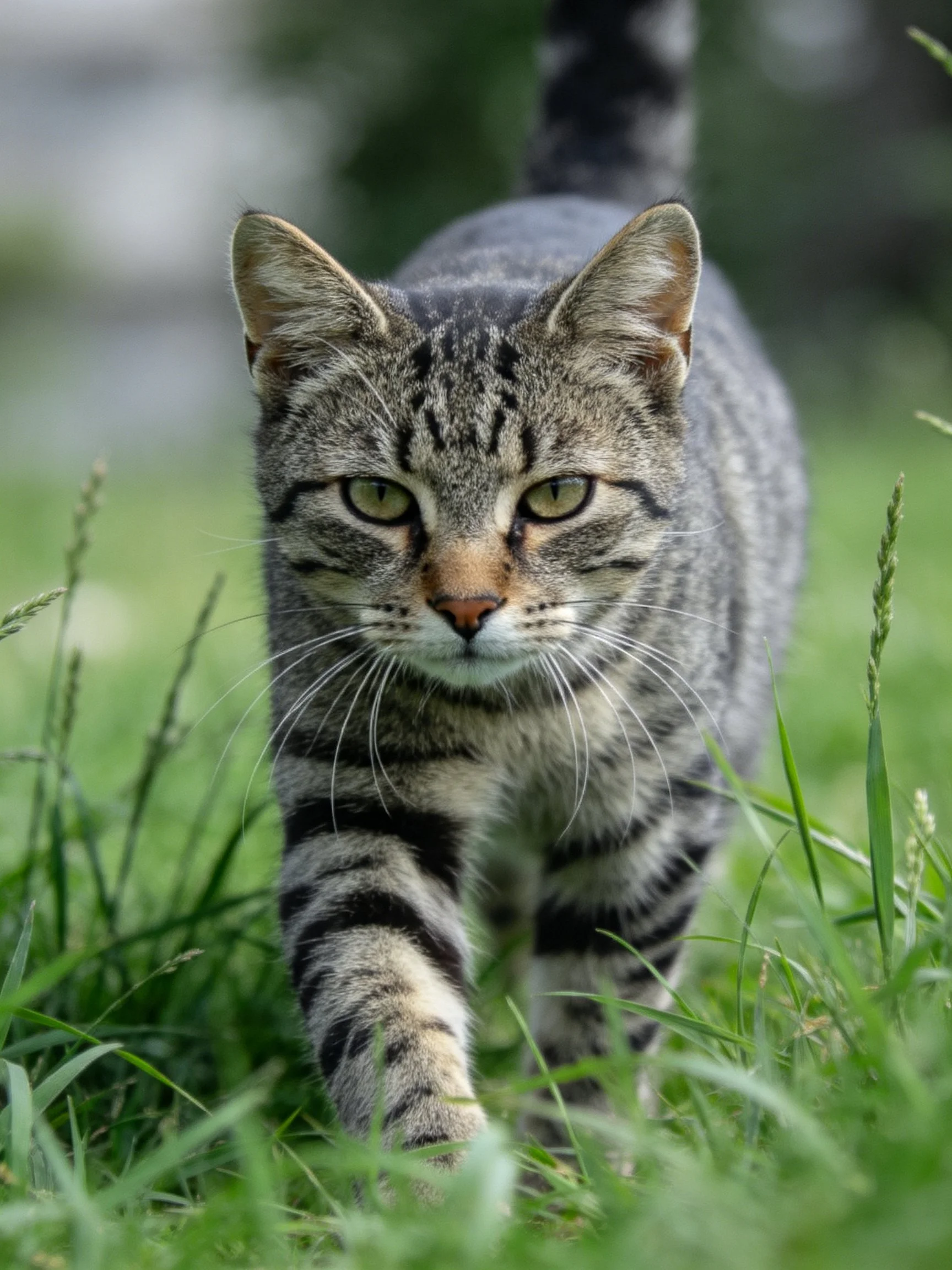 A gray tabby cat walking through lush green grass